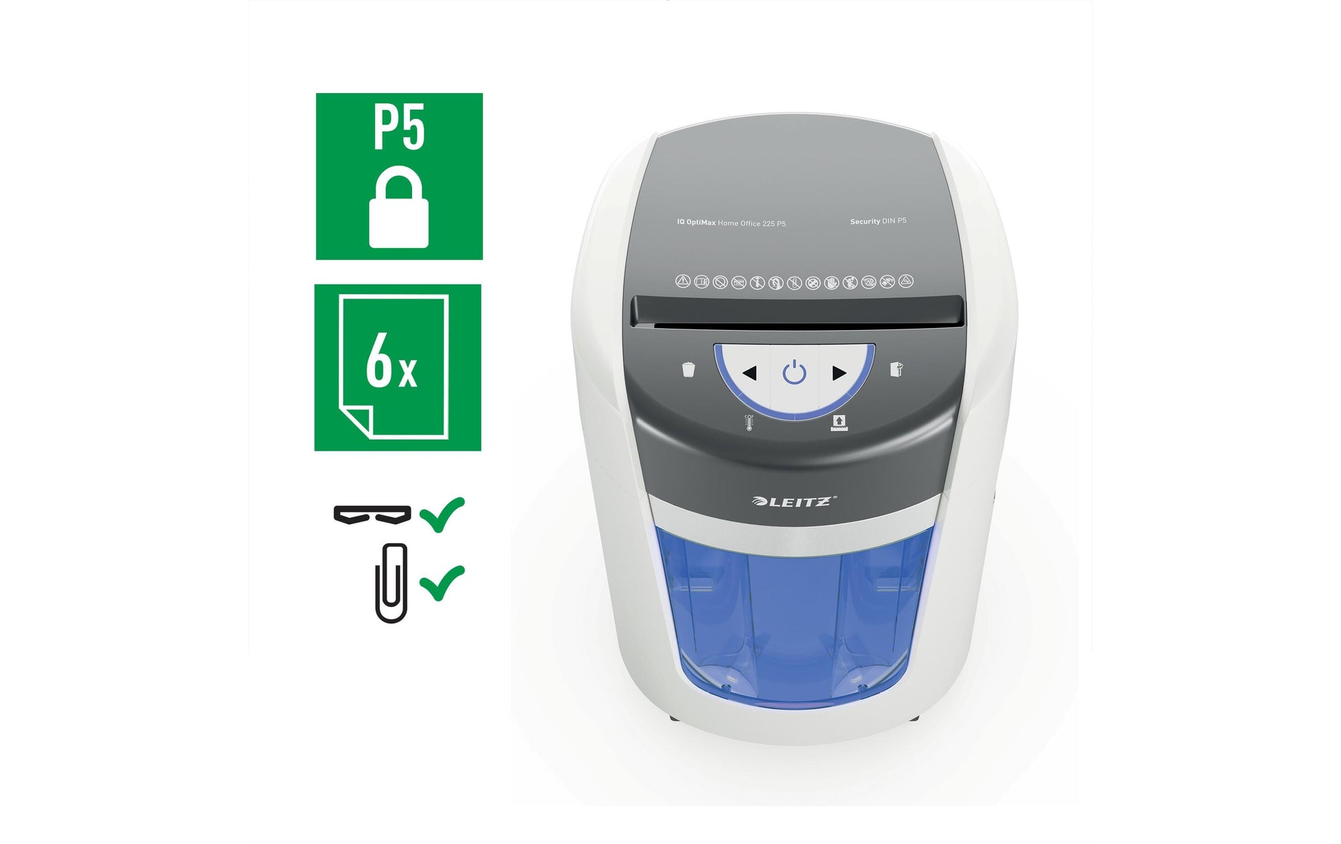 Leitz OptiMax 225 Aktenvernichter – Mikroschnitt, P-5, 2 × 15 mm, 6 Blatt, 15 l