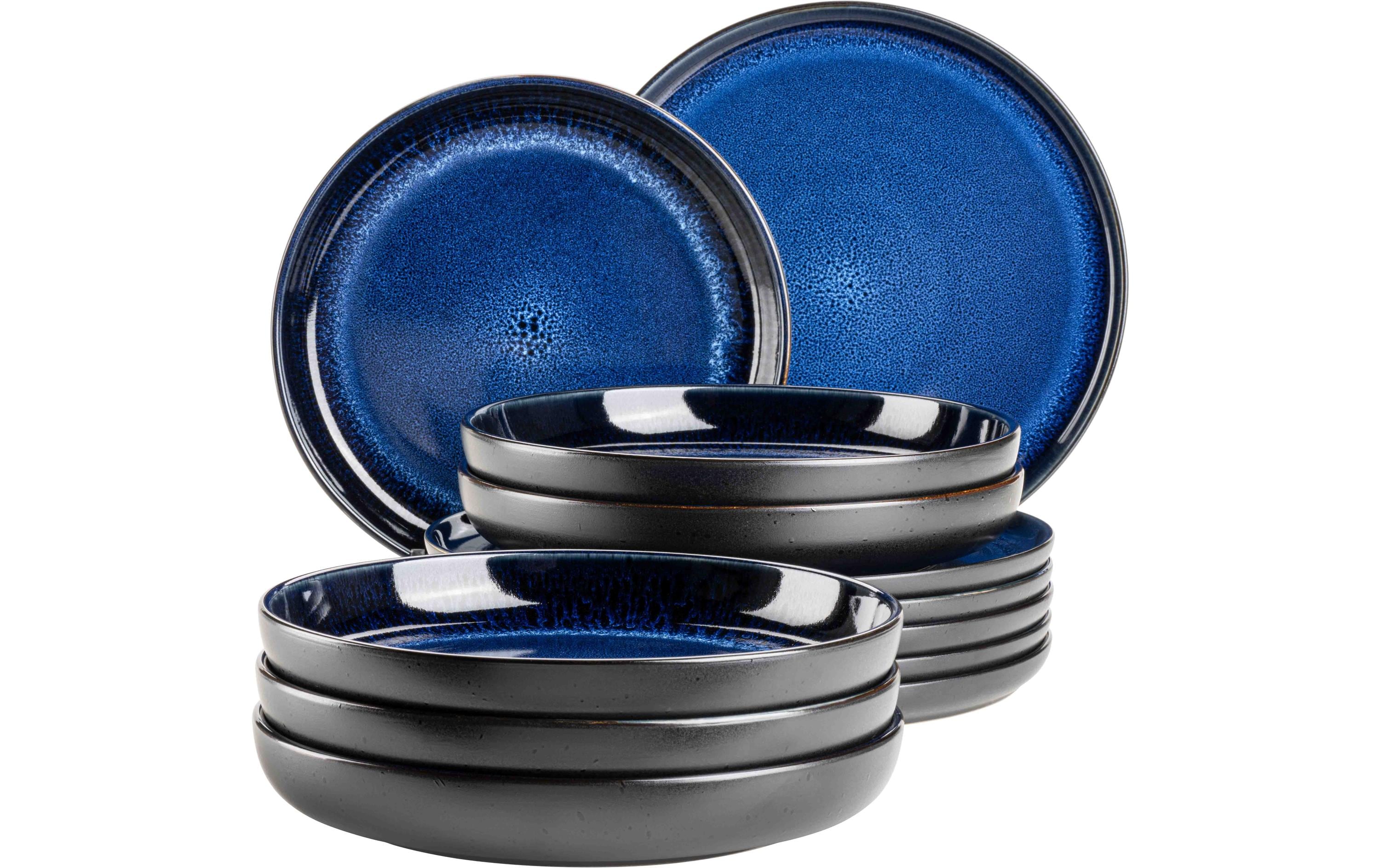 Mäser Niara Speise-Service – 12-teilig, Keramik, Schwarz/Blau, spülmaschinenfest, mikrowellengeeignet