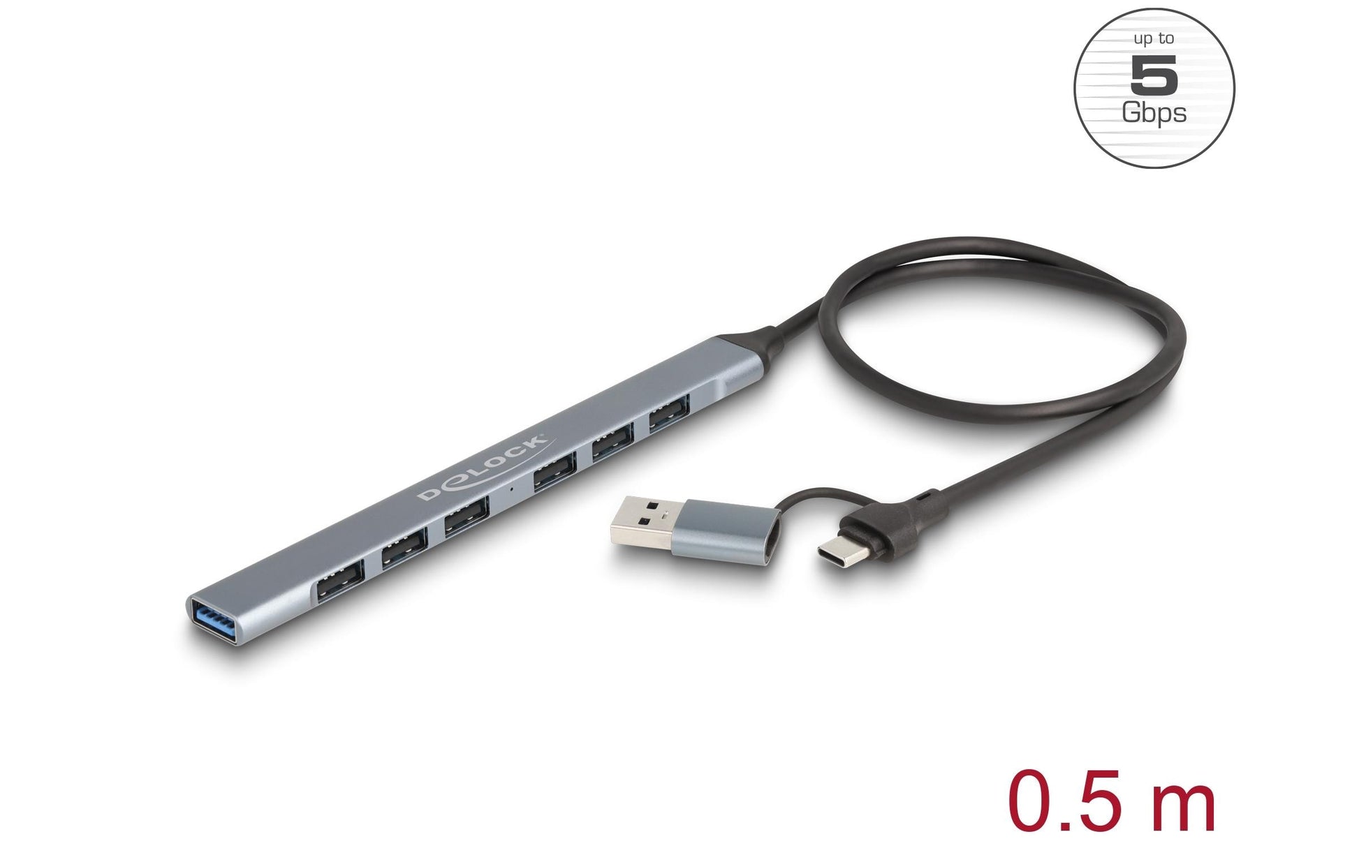 DeLOCK USB-Hub – USB-C, 1× USB-A 5 Gbit/s, 6× USB-A 2.0, für Windows/Mac/ChromeOS