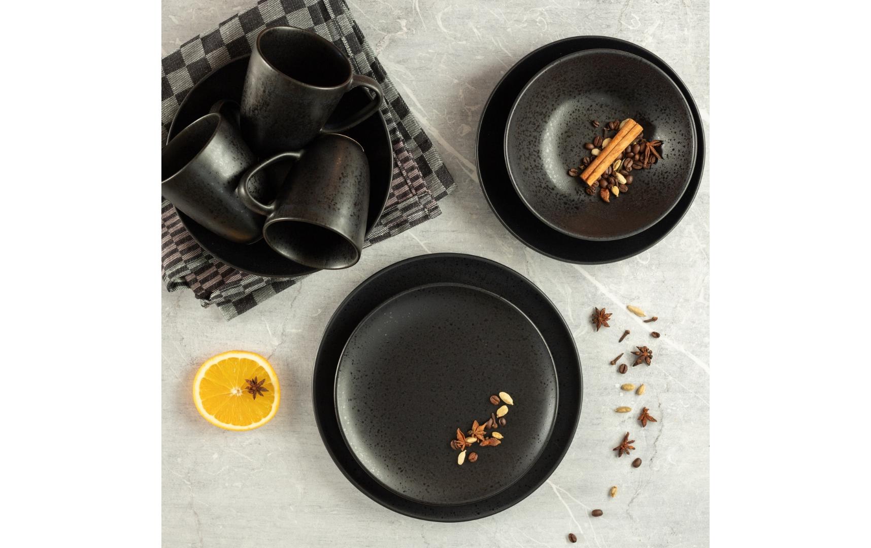 Mäser Frühstücks- & Dessertteller – 18-teiliges Set, Steingut, Schwarz, spülmaschinenfest, mikrowellengeeignet