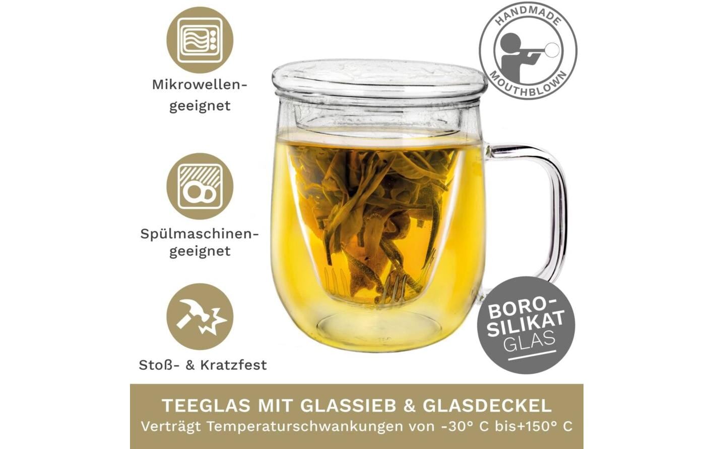 Creano Teeglas – 450 ml, Borosilikatglas, Transparent, mit Glasfilter