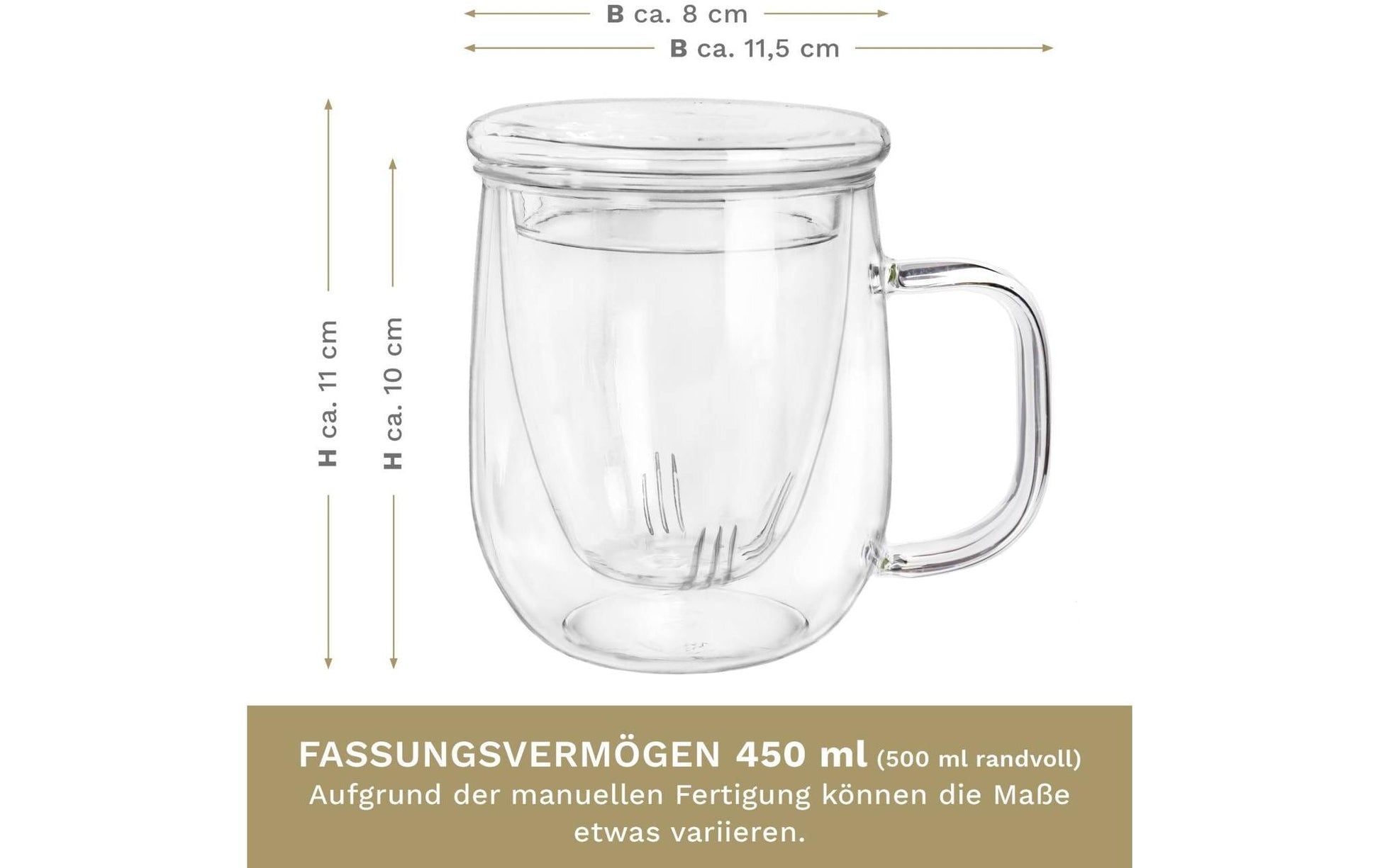 Creano Teeglas – 450 ml, Borosilikatglas, Transparent, mit Glasfilter