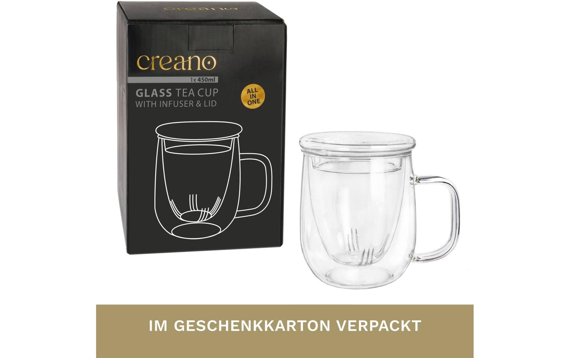 Creano Teeglas – 450 ml, Borosilikatglas, Transparent, mit Glasfilter