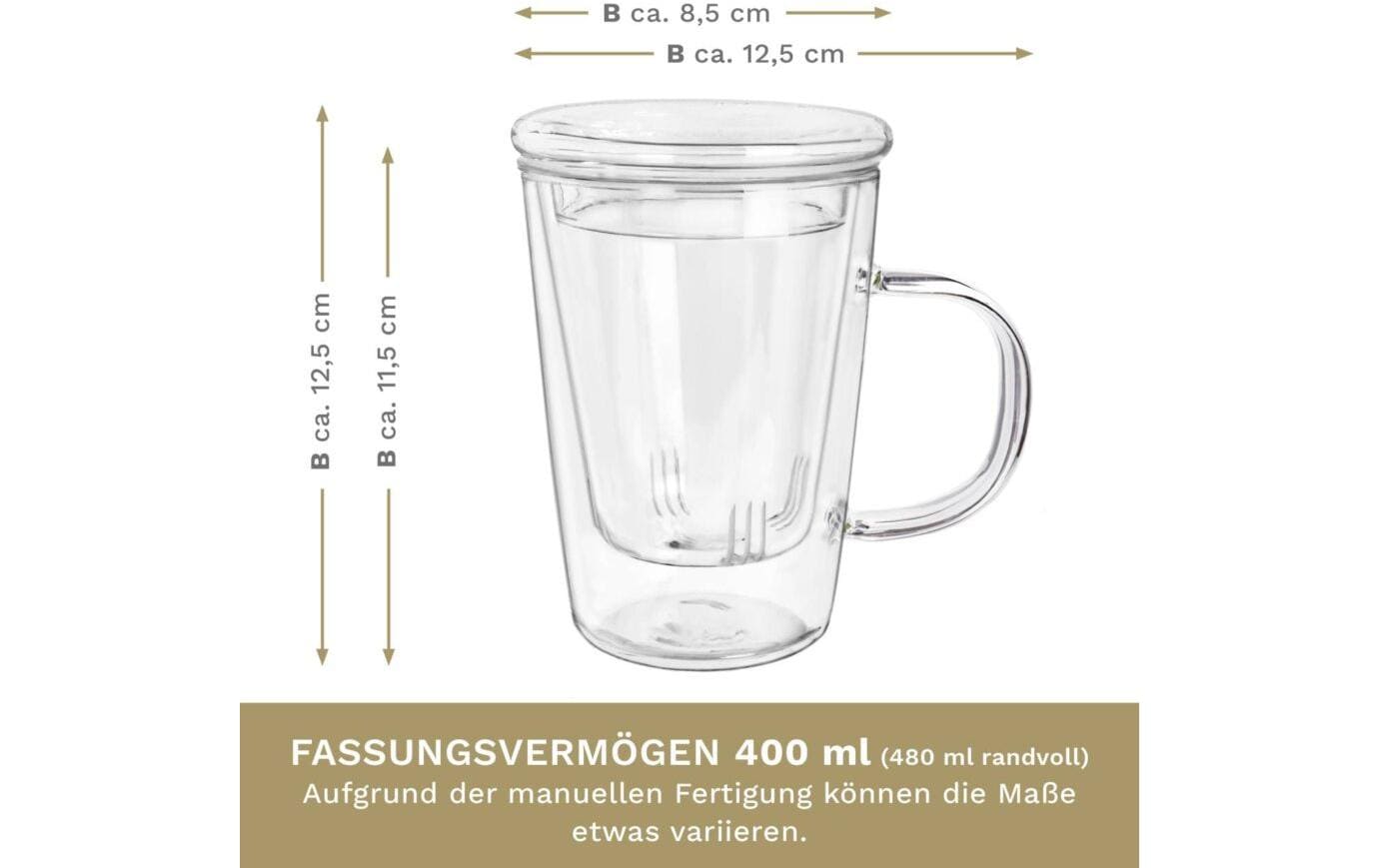 Creano Teetasse All in One Hoch – 400 ml, Borosilikatglas, Transparent, mit Glasfilter