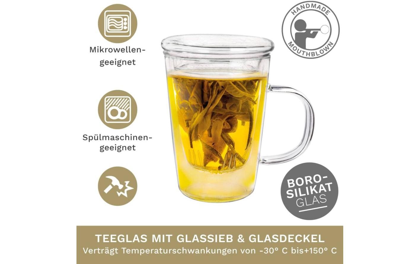 Creano Teetasse All in One Hoch – 400 ml, Borosilikatglas, Transparent, mit Glasfilter