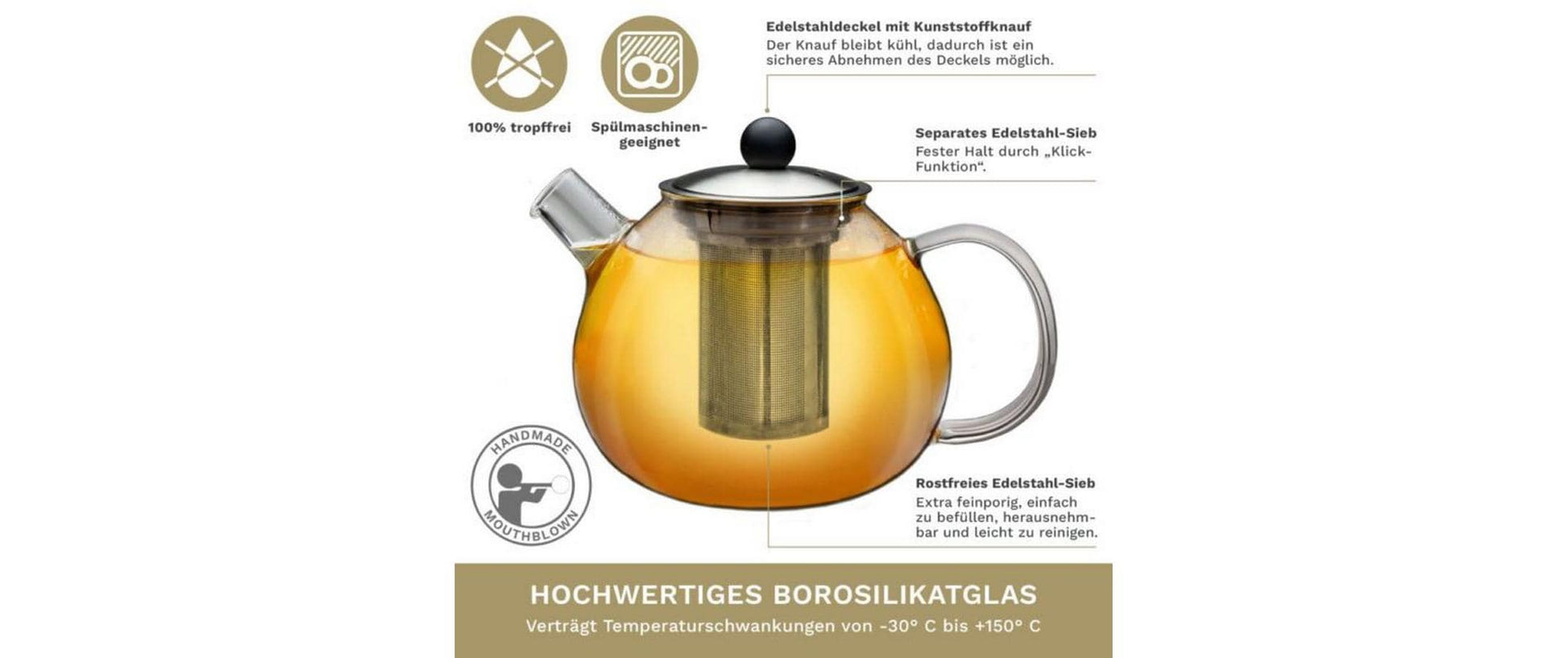Creano Teekanne – 1 l, Glas, Transparent, mit Edelstahlsieb, nicht für Kochfelder