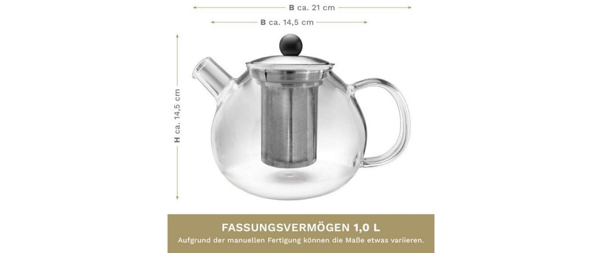 Creano Teekanne – 1 l, Glas, Transparent, mit Edelstahlsieb, nicht für Kochfelder