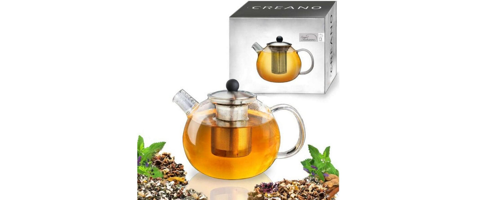 Creano Teekanne – 1 l, Glas, Transparent, mit Edelstahlsieb, nicht für Kochfelder