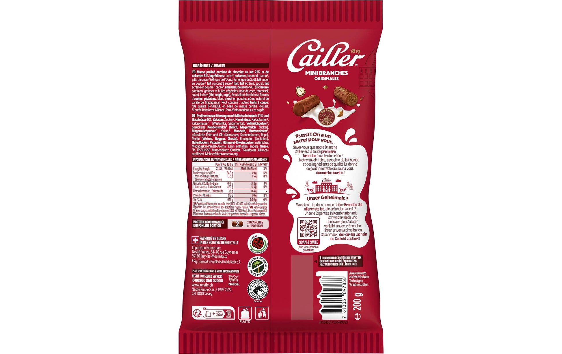 Cailler Schokoladensnack Branches – Haselnuss, Milch, Mini, 200 g