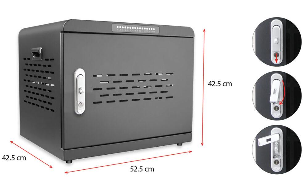 Lmp 16P Ladebox 16×, 500 W – 30 W pro Port, abschliessbar – für Tablet, Smartphone und Notebook – schwarz