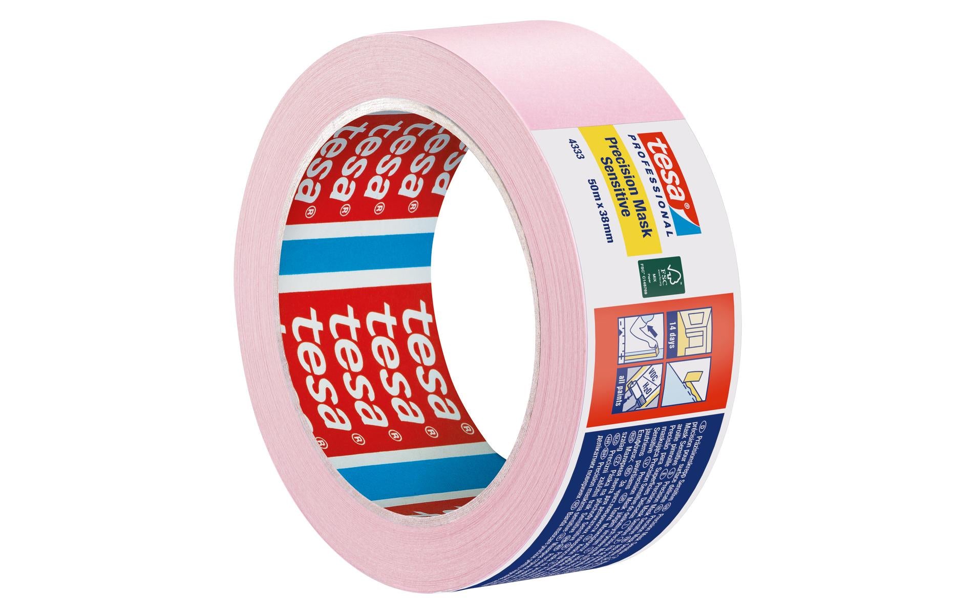 TESA Malerband Präzisionskrepp Sensitiv 4333, rosa – 38 mm × 50 m, innen