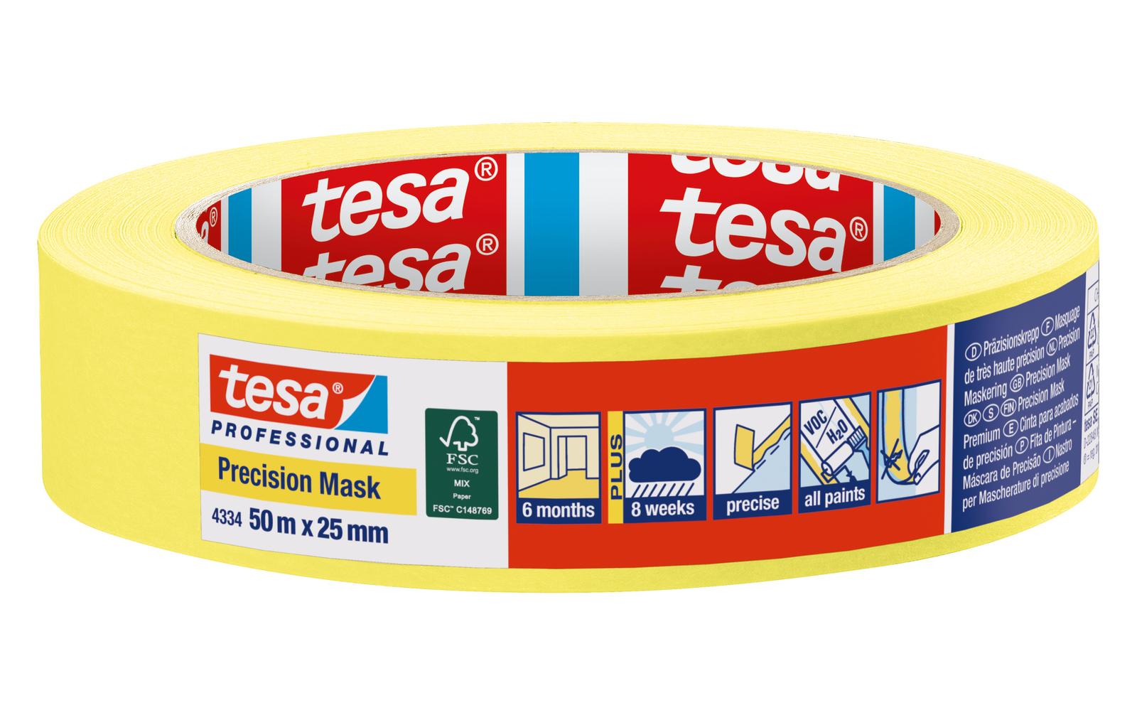 TESA Malerband Präzisionskrepp PLUS, gelb – 25 mm × 50 m