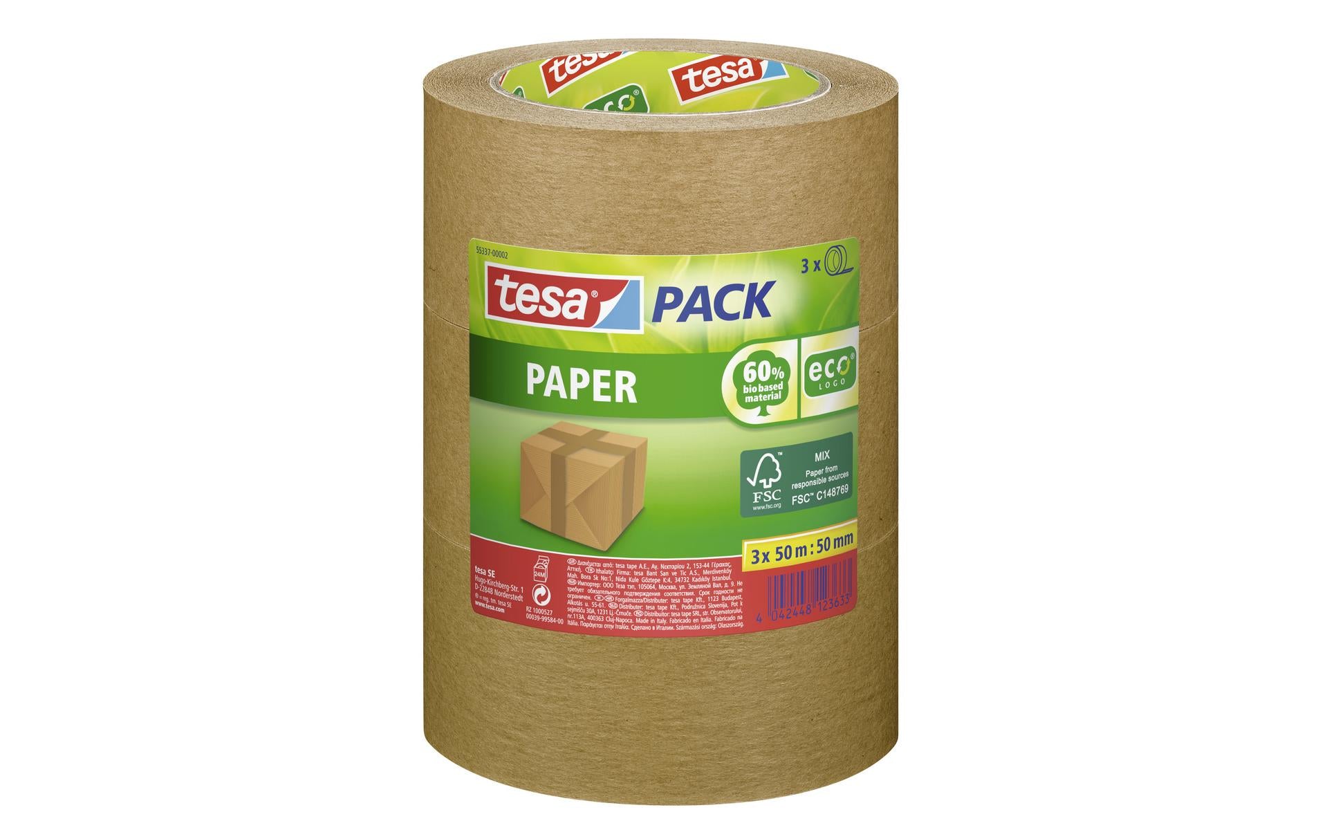 TESA Verpackungsklebeband, Papier, Beige – 50 mm × 50 m – 3 Rollen