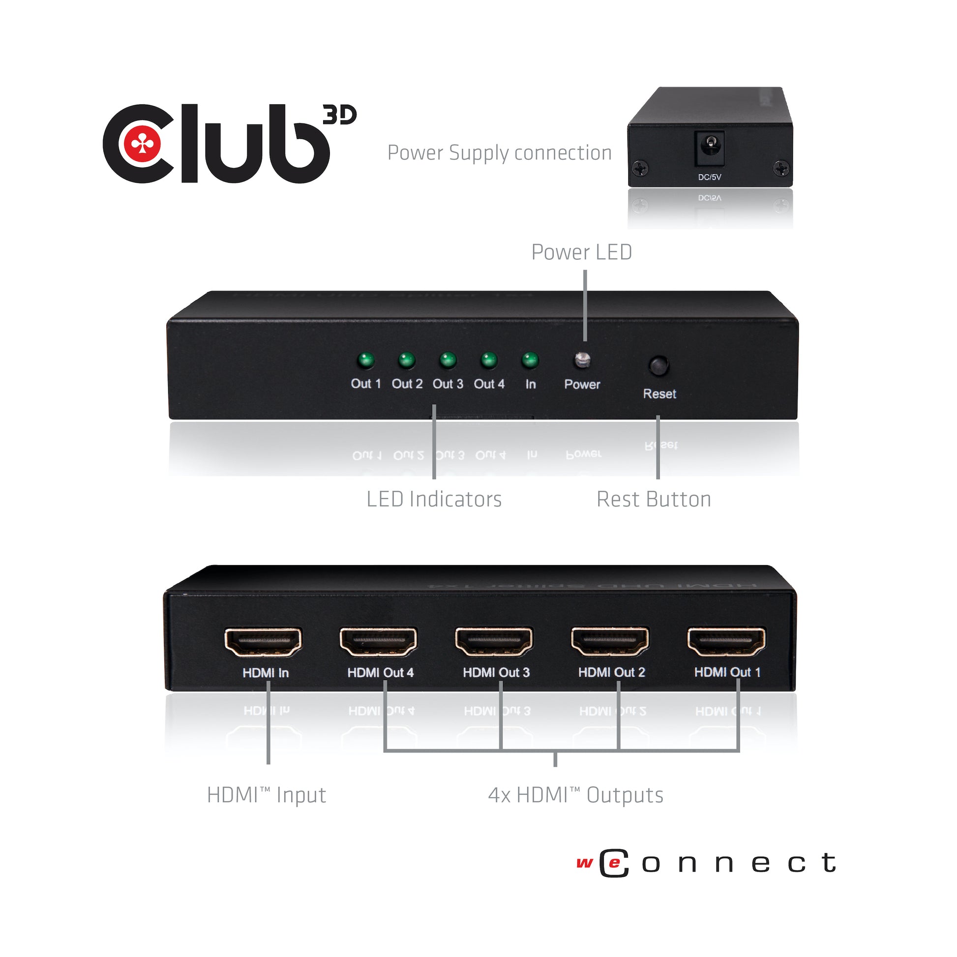 CLUB3D Club 3D – HDMI-Splitter – 4K UHD, HDMI 2.0, 4 Anschlüsse – Schwarz, Metall