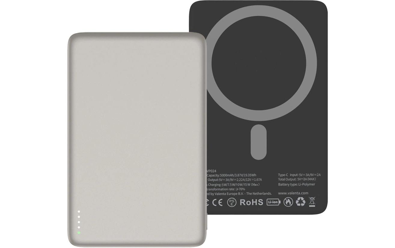 Valenta MagSafe Powerbank 5'000 mAh – 5 W PD, 15 W MagSafe, 1× USB-C, silber