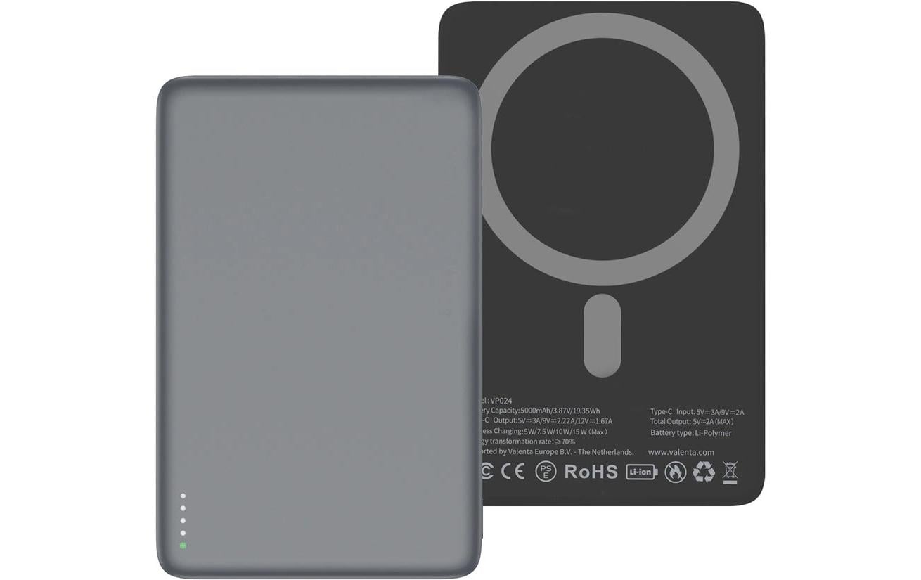 Valenta VP024 MagSafe Powerbank 5'000 mAh – 5 W PD, MagSafe 15 W, 1× USB-C, Grau