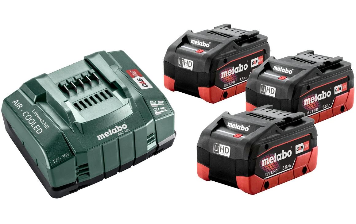 Metabo Akku-Set 18 V 5,5 Ah LiHD – 3 Akkus, 1 Ladegerät – 99 Wh