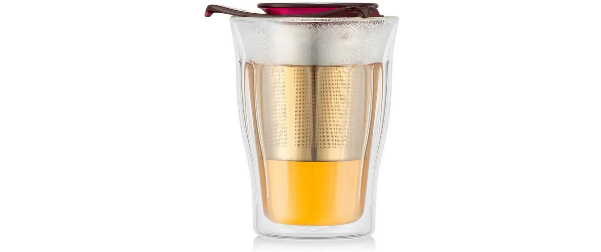 Bodum Teetasse Copenhagen – 350 ml, Borosilikatglas, Bordeaux, doppelwandig, mit Edelstahlsieb