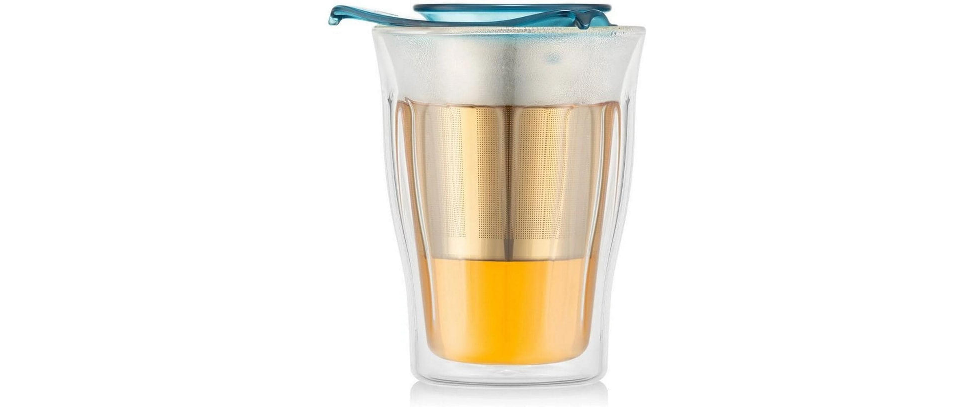 Bodum Teetasse Copenhagen – 350 ml, Borosilikatglas, Blau/Transparent, doppelwandig, mit Edelstahlsieb