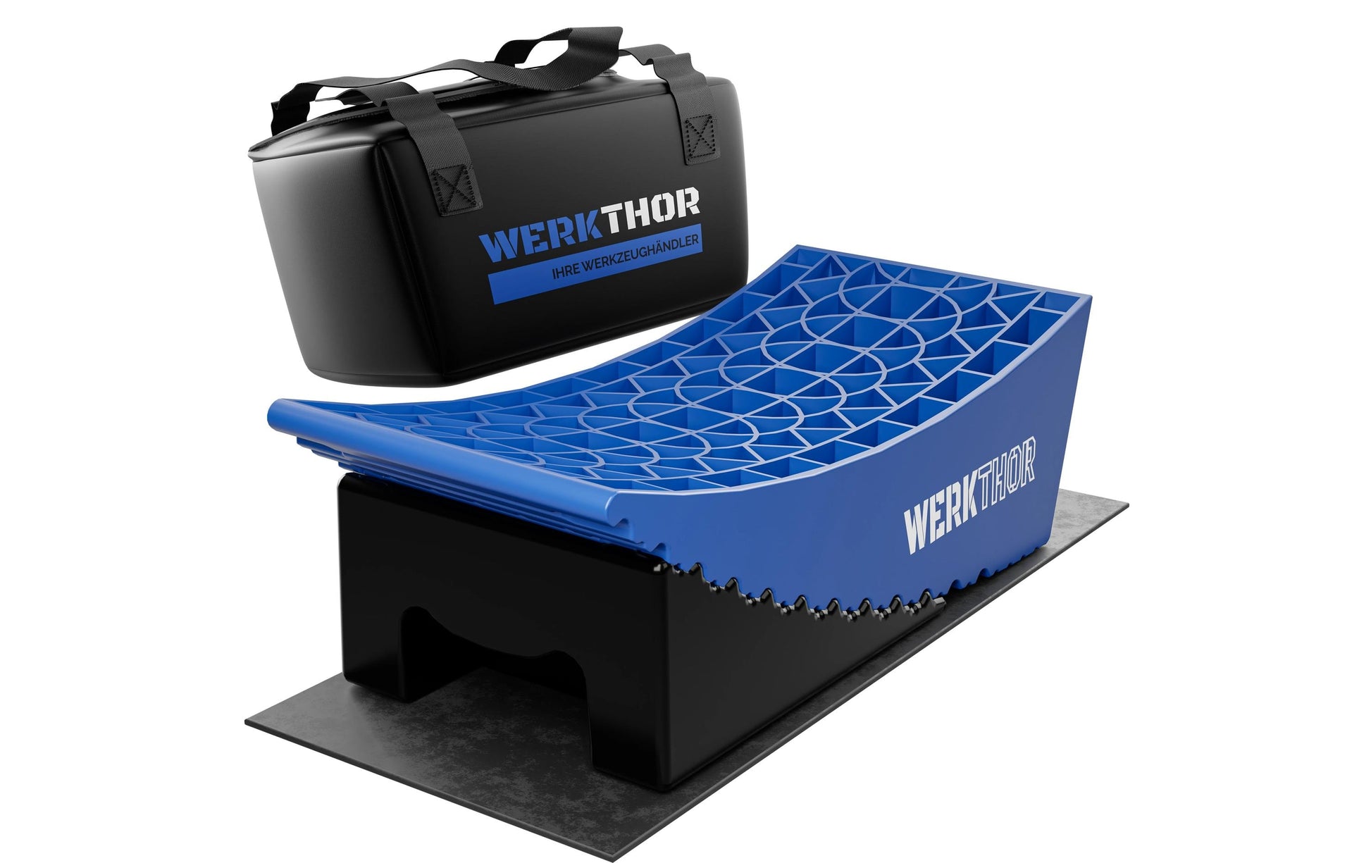 Werkthor Stufenlose Auffahrkeile – 15,4 cm, bis 13,5 t, Blau, mit Transporttasche, 2 Stk.