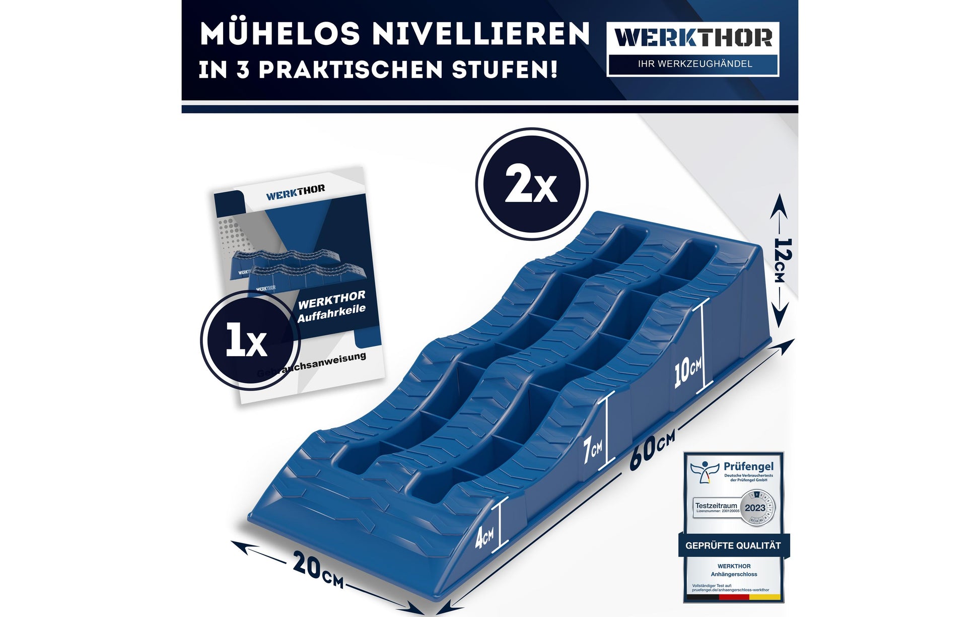 Werkthor Flacher Auffahrkeil – 10 cm breit, bis 3 t, blau, 2 Stk.