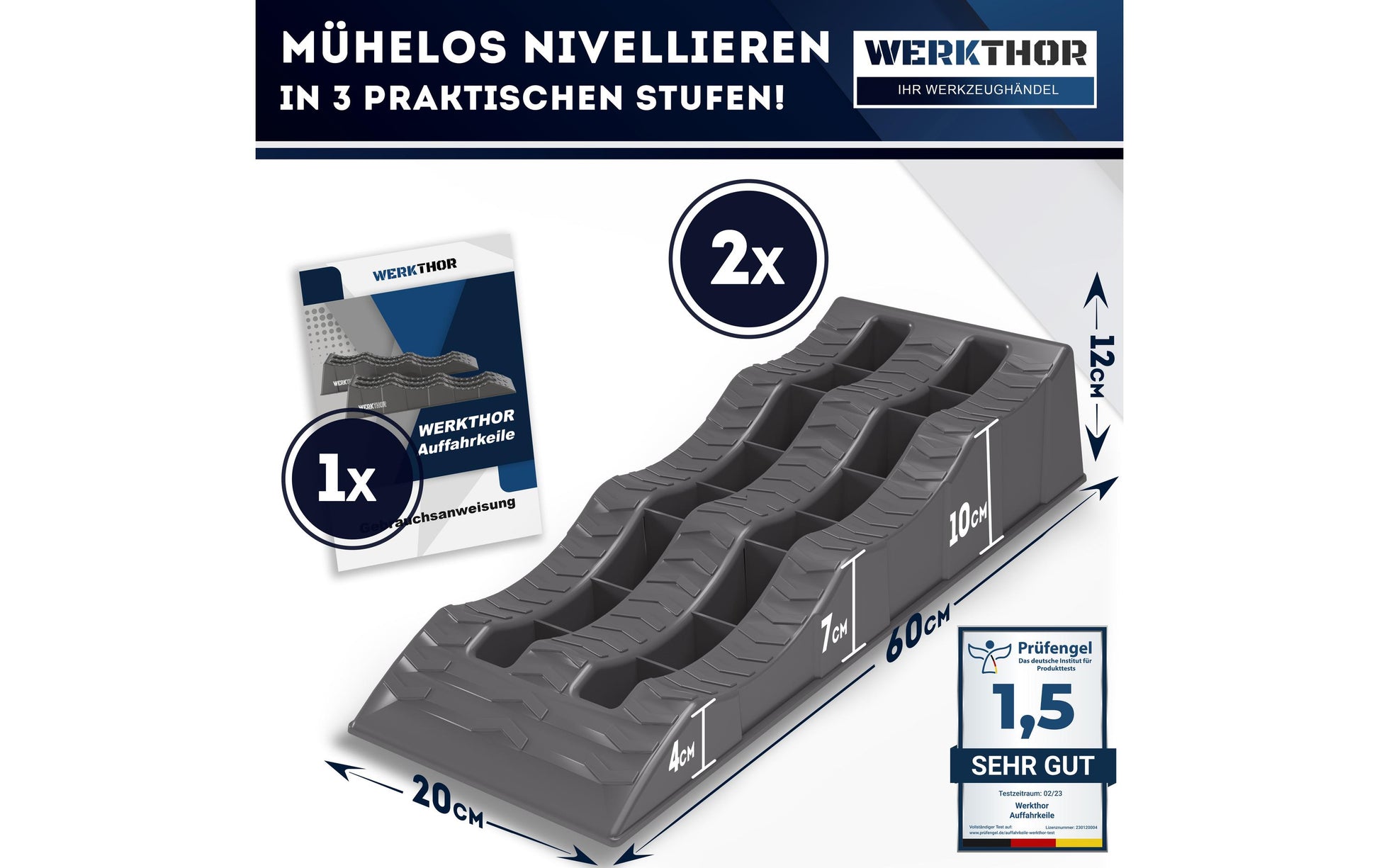 Werkthor Flache Auffahrkeile – Breite 100 mm, bis 3000 kg, Grau, 2 Stk.