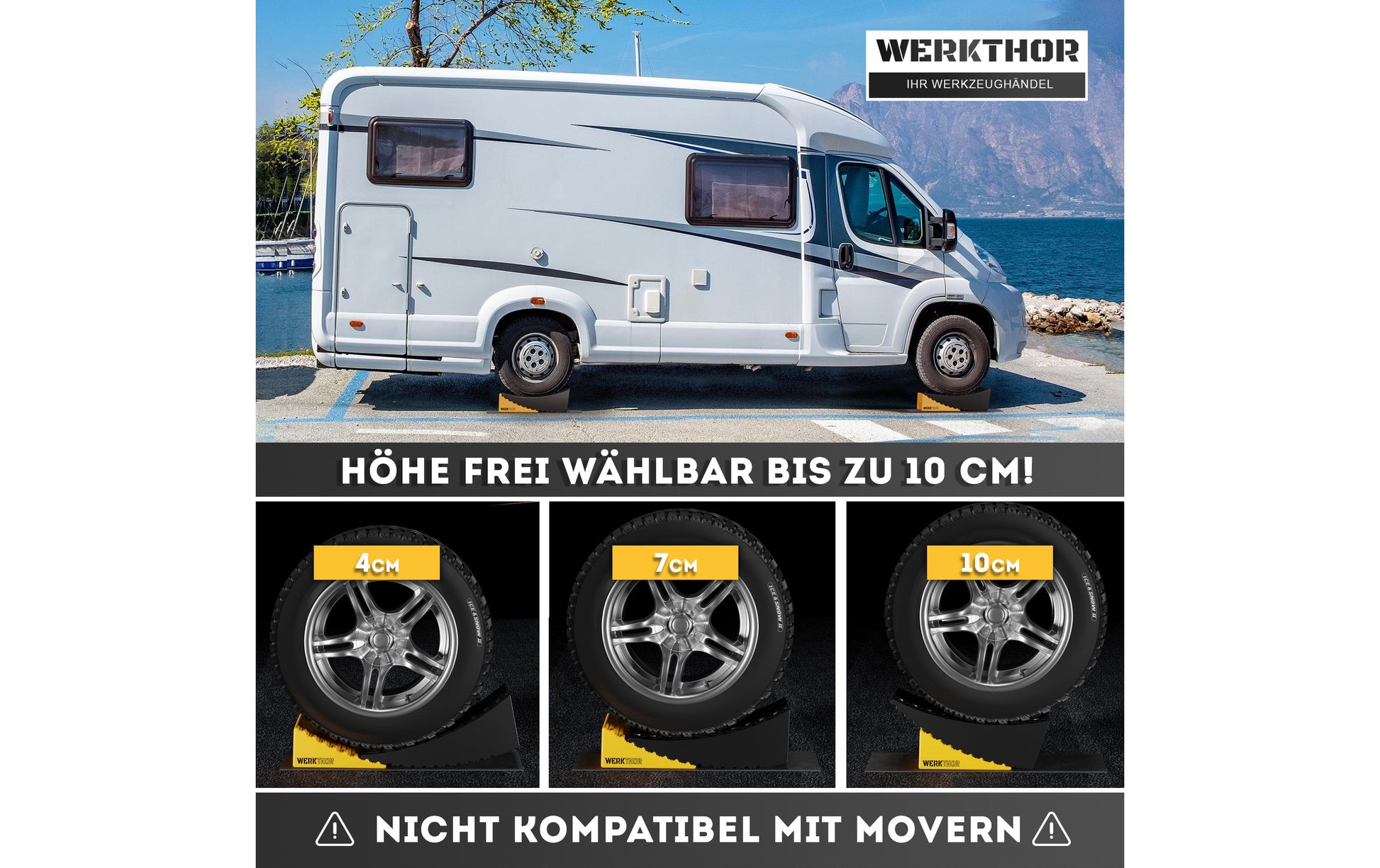 Werkthor Stufenlose Auffahrkeile, inkl. Transporttasche – Breite 154 mm, Gelb, bis 13,5 t, 2 Stk.