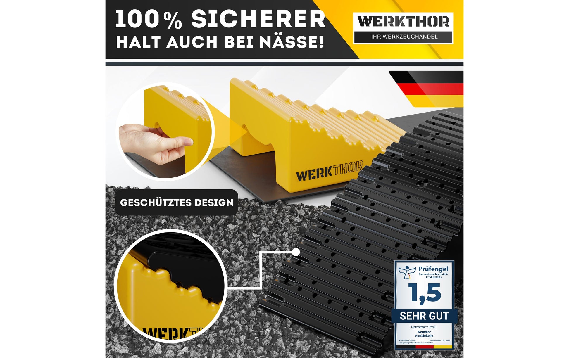 Werkthor Stufenlose Auffahrkeile, inkl. Transporttasche – Breite 154 mm, Gelb, bis 13,5 t, 2 Stk.