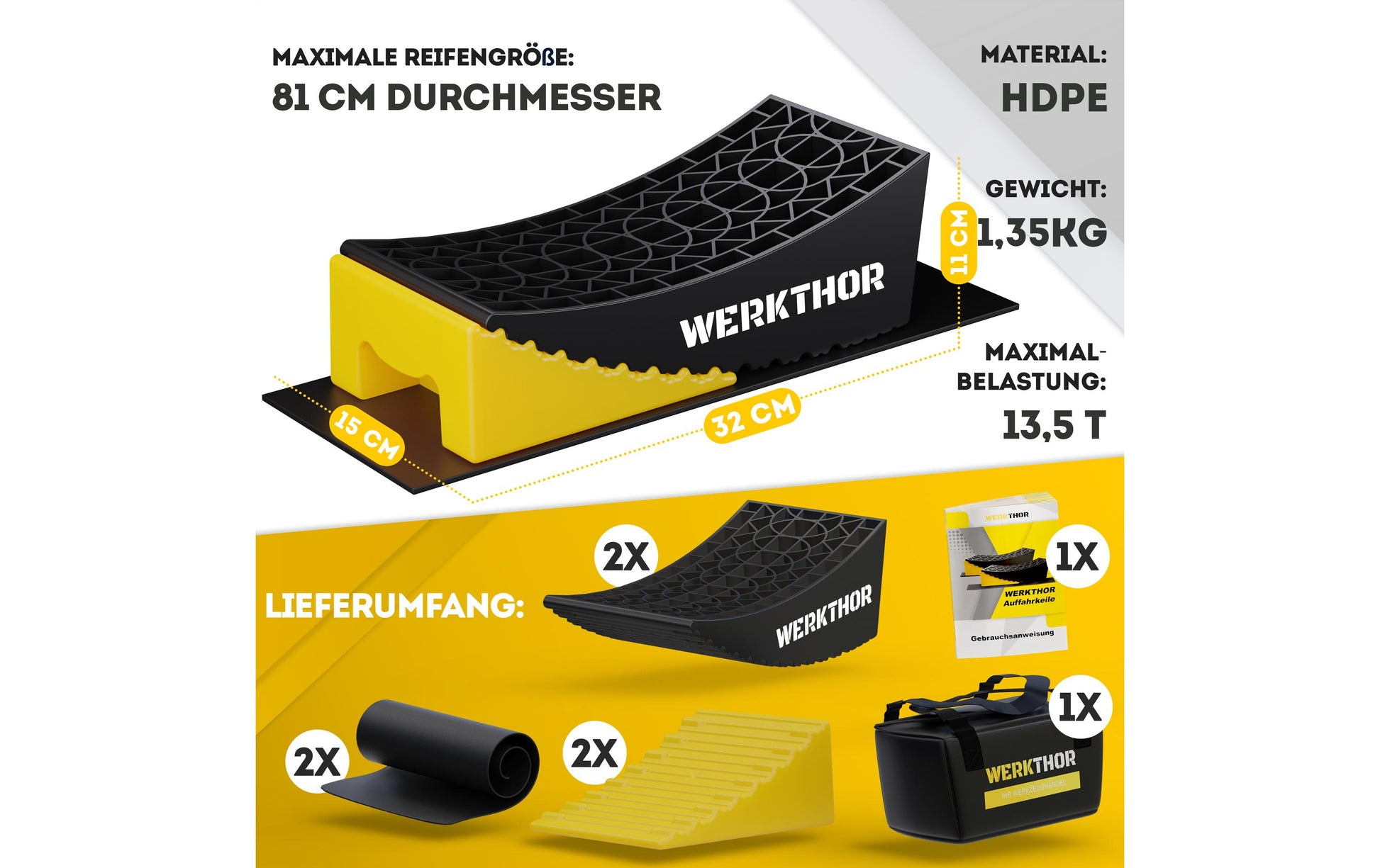 Werkthor Stufenlose Auffahrkeile, inkl. Transporttasche – Breite 154 mm, Gelb, bis 13,5 t, 2 Stk.