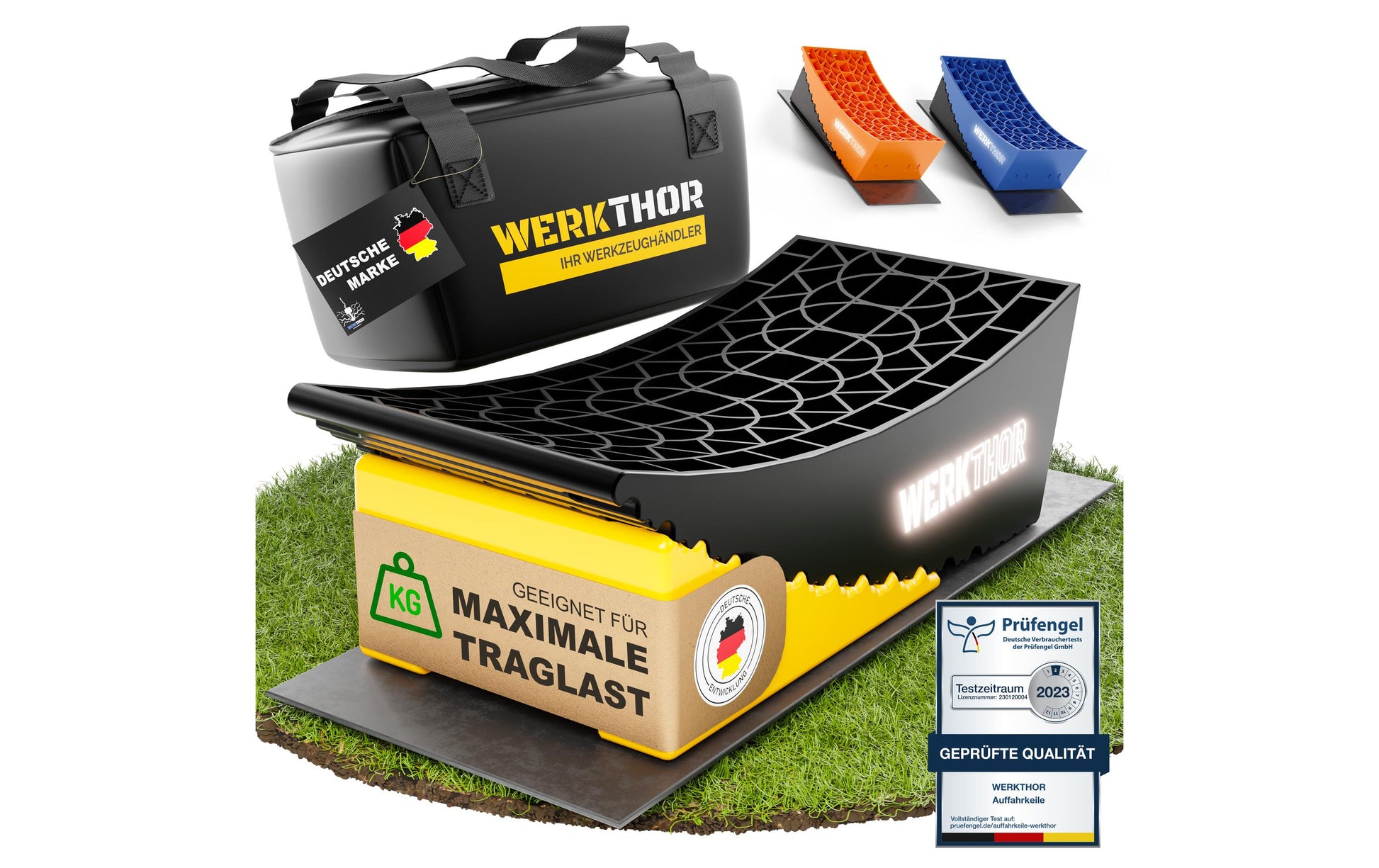 Werkthor Stufenlose Auffahrkeile, inkl. Transporttasche – Breite 154 mm, Gelb, bis 13,5 t, 2 Stk.