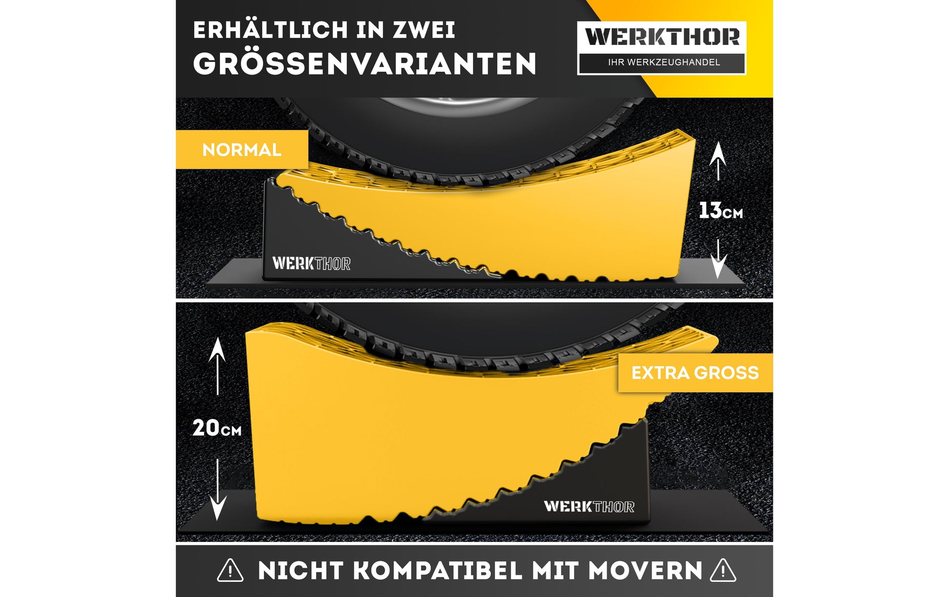Werkthor Stufenlose Auffahrkeile, inkl. Transporttasche – Breite 154 mm, Gelb, bis 13,5 t, 2 Stk.