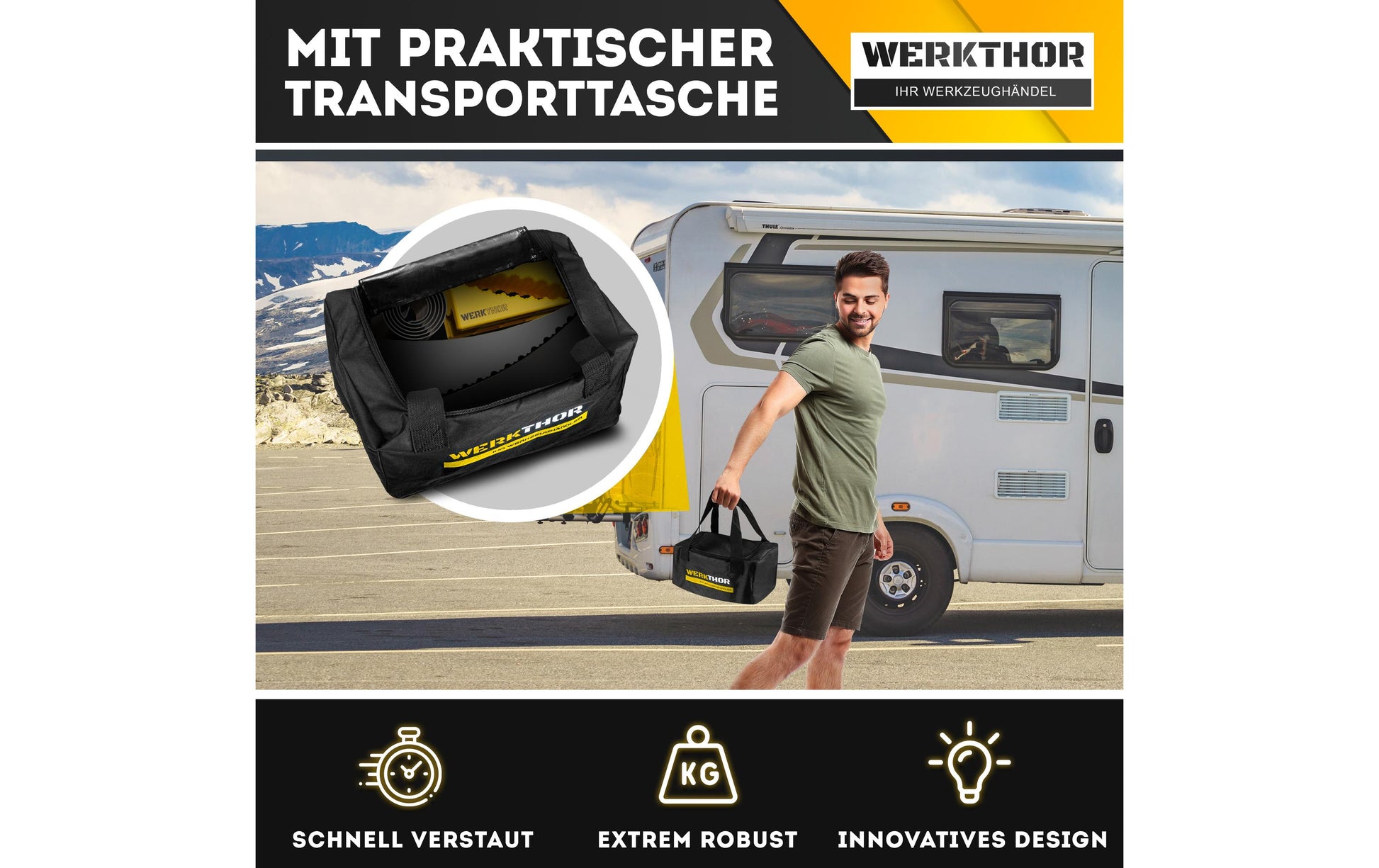 Werkthor Stufenlose Auffahrkeile, inkl. Transporttasche – Breite 154 mm, Gelb, bis 13,5 t, 2 Stk.