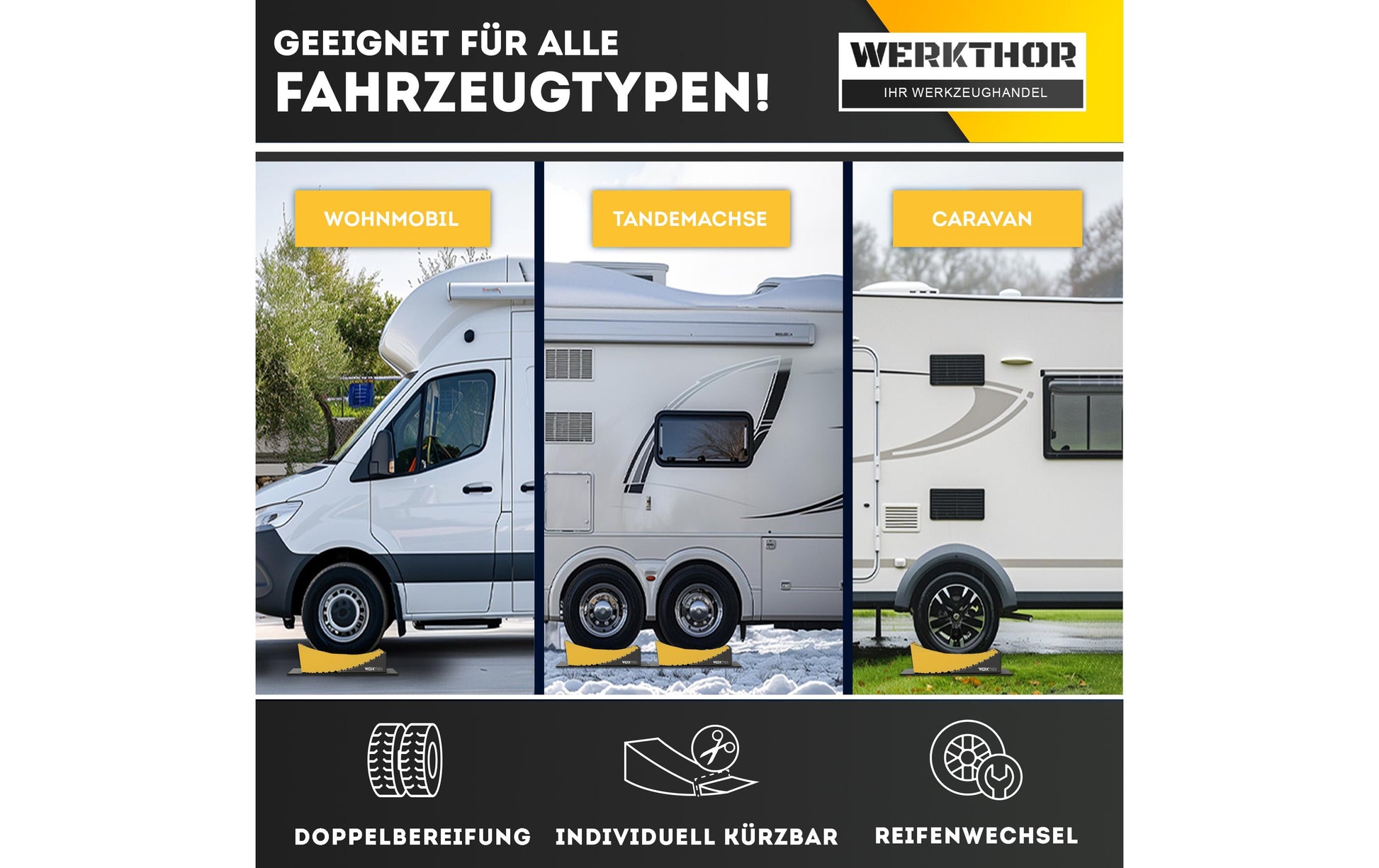 Werkthor Stufenlose Auffahrkeile, inkl. Transporttasche – Breite 154 mm, Gelb, bis 13,5 t, 2 Stk.