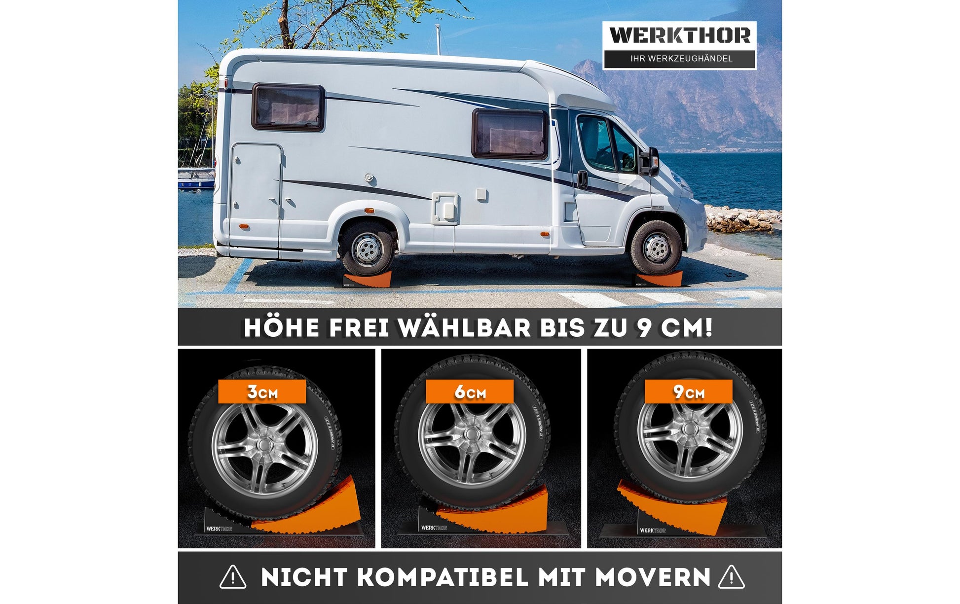 Werkthor Stufenlose Auffahrkeile – Breite 15,4 cm, Tragkraft bis 13,5 t, Orange, 2 Stk.