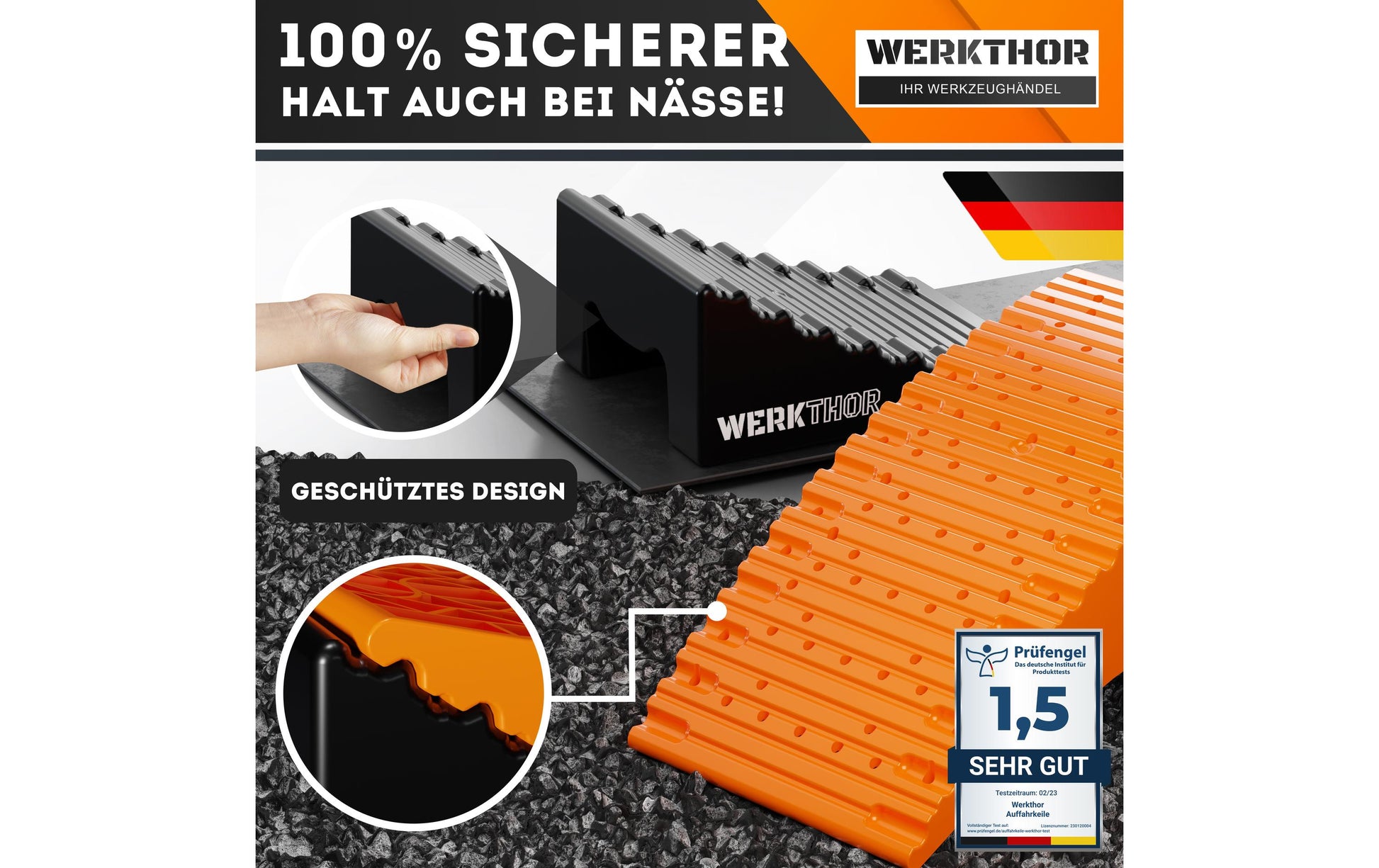 Werkthor Stufenlose Auffahrkeile – Breite 15,4 cm, Tragkraft bis 13,5 t, Orange, 2 Stk.
