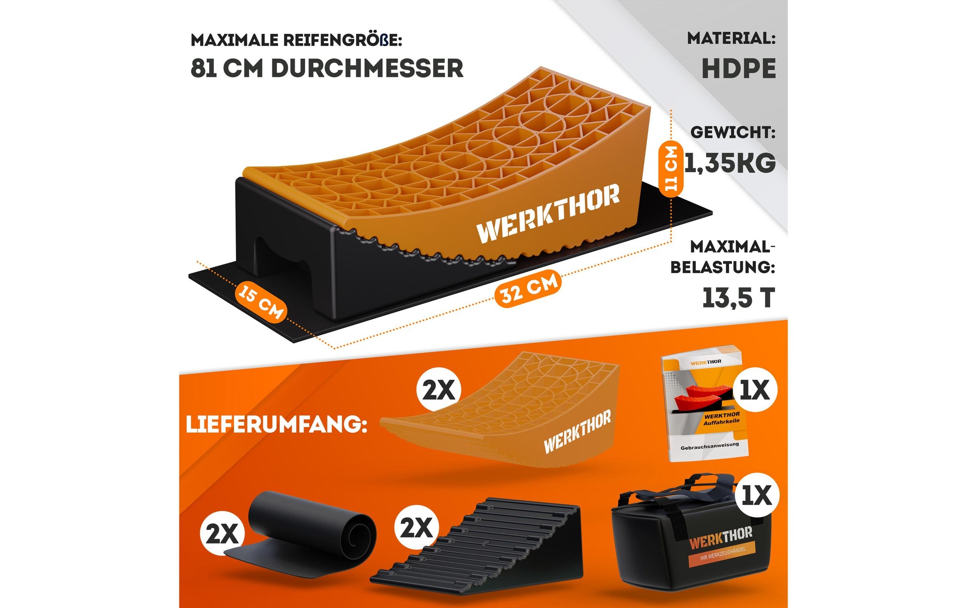 Werkthor Stufenlose Auffahrkeile – Breite 15,4 cm, Tragkraft bis 13,5 t, Orange, 2 Stk.