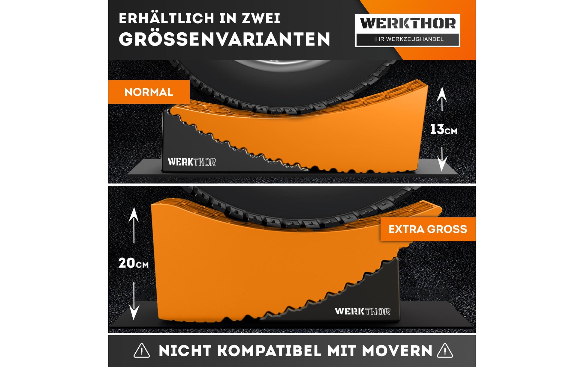 Werkthor Stufenlose Auffahrkeile – Breite 15,4 cm, Tragkraft bis 13,5 t, Orange, 2 Stk.