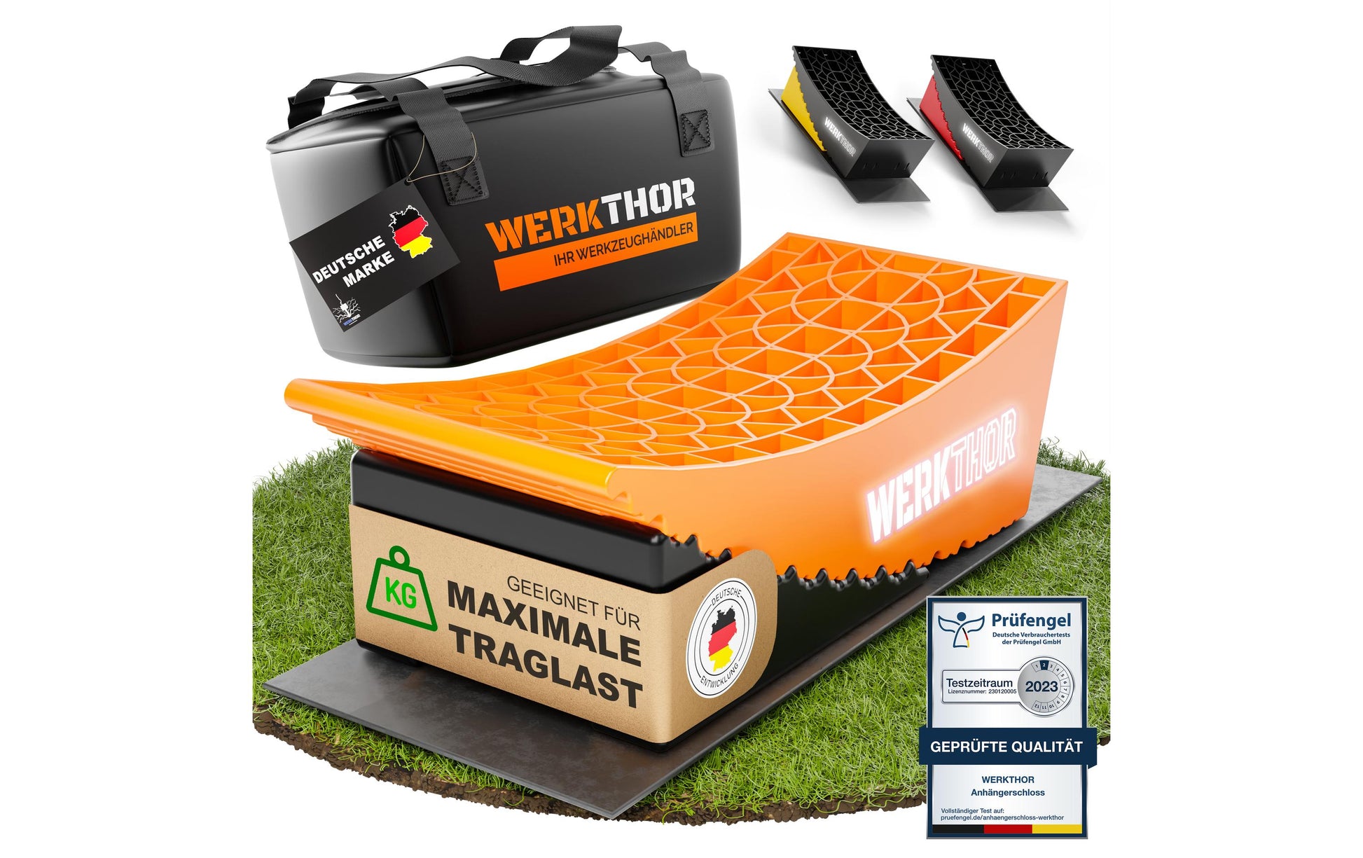 Werkthor Stufenlose Auffahrkeile – Breite 15,4 cm, Tragkraft bis 13,5 t, Orange, 2 Stk.