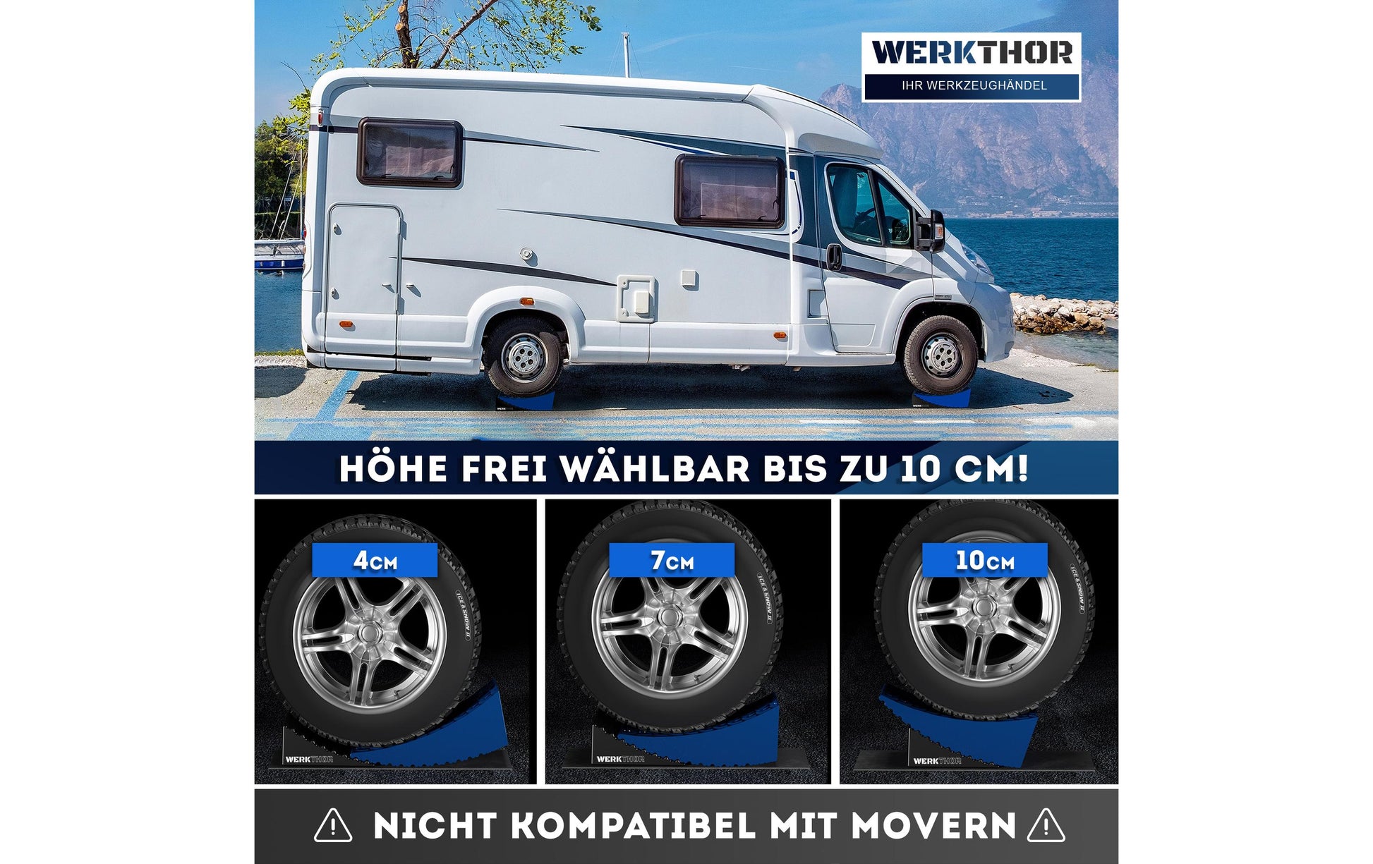 Werkthor Stufenlose Auffahrkeile – 15,4 cm, bis 13,5 t, Blau, mit Transporttasche, 2 Stk.
