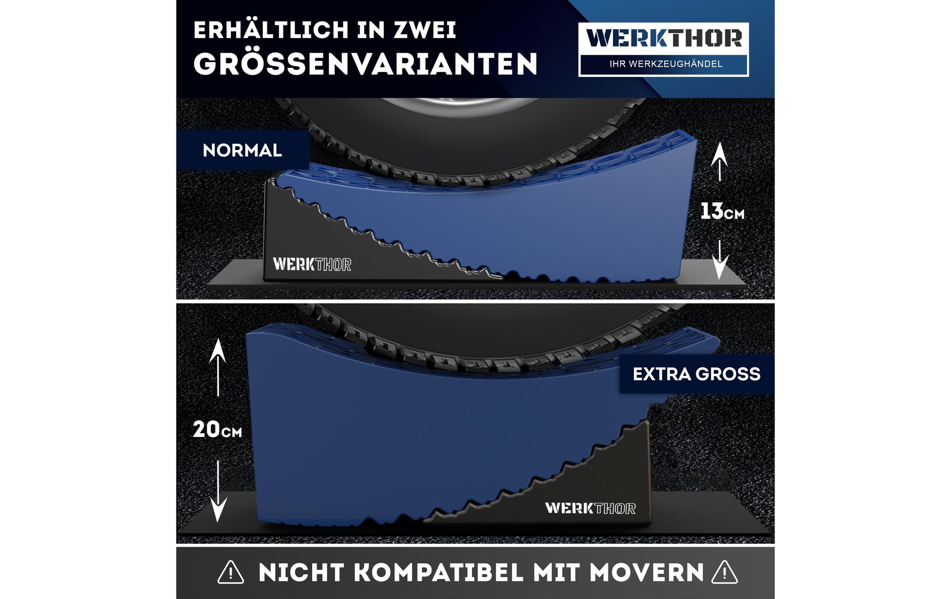 Werkthor Stufenlose Auffahrkeile – 15,4 cm, bis 13,5 t, Blau, mit Transporttasche, 2 Stk.