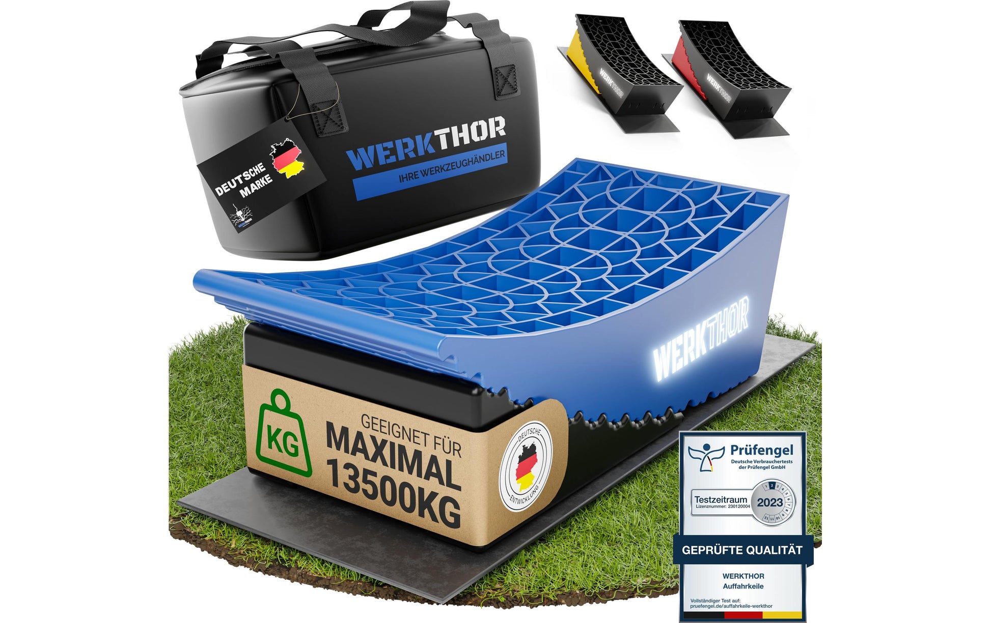 Werkthor Stufenlose Auffahrkeile – 15,4 cm, bis 13,5 t, Blau, mit Transporttasche, 2 Stk.