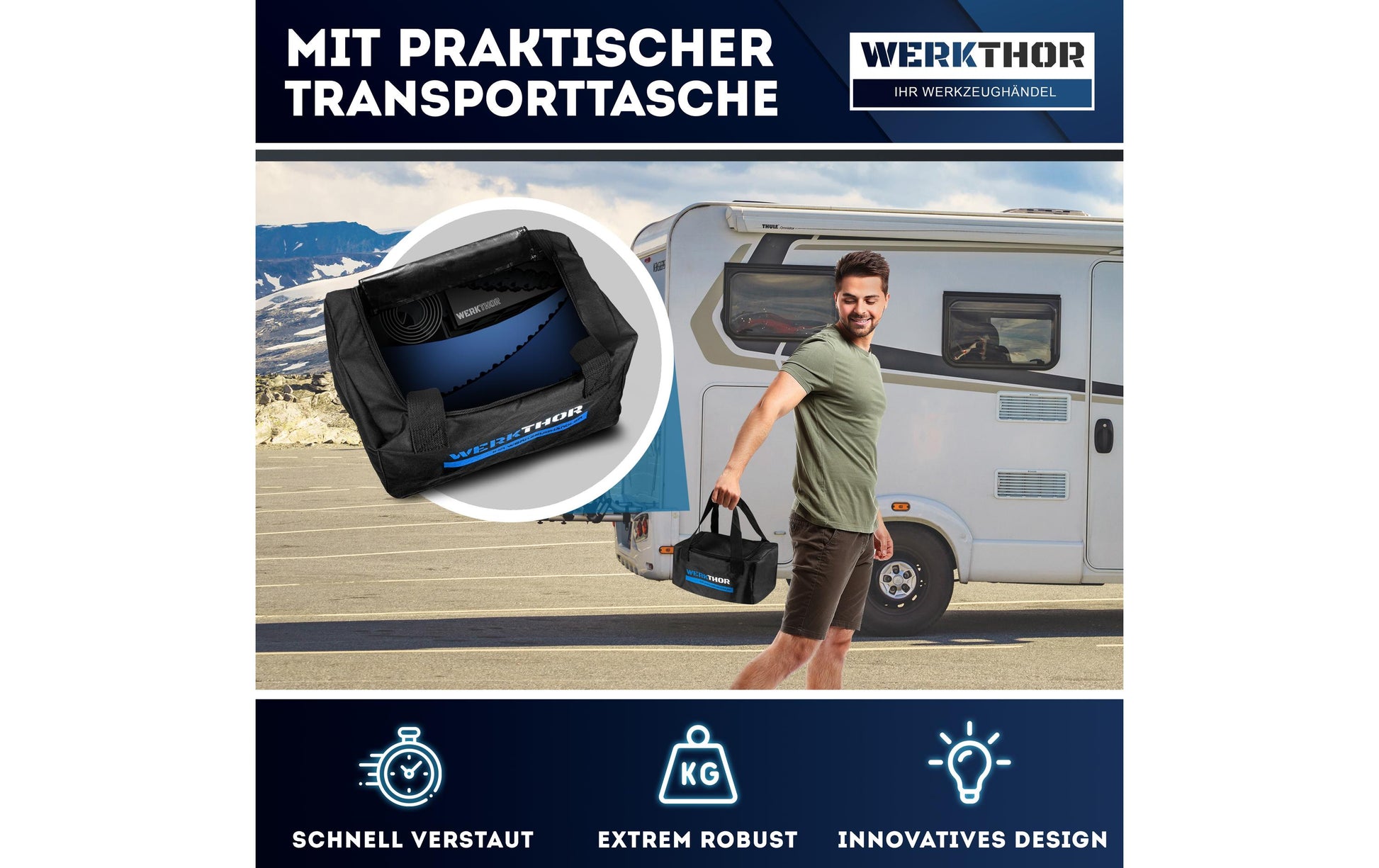 Werkthor Stufenlose Auffahrkeile – 15,4 cm, bis 13,5 t, Blau, mit Transporttasche, 2 Stk.