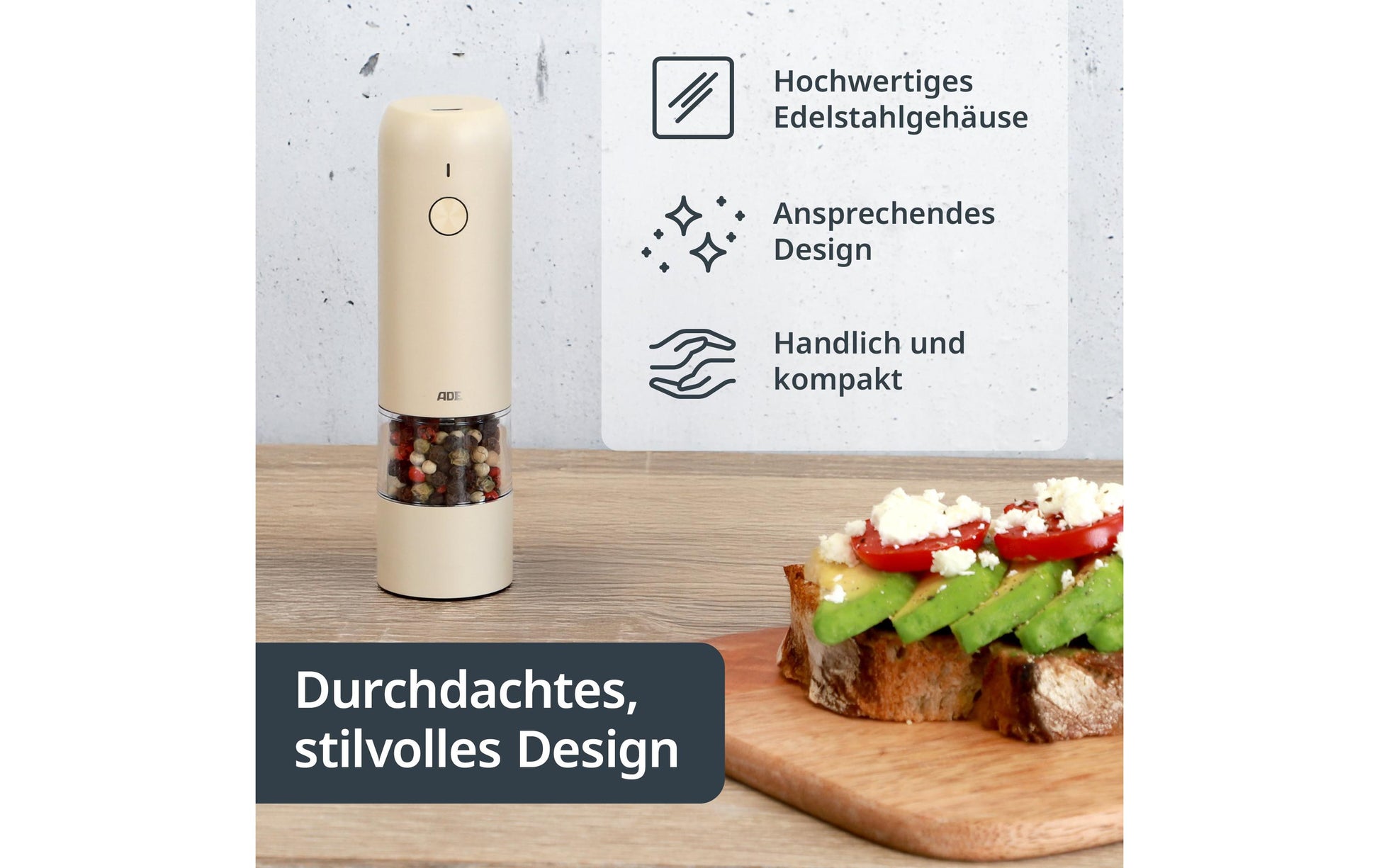 Ade Salz-/Pfeffermühle 13,9 cm, Edelstahl/Keramik, Creme, Elektrisch