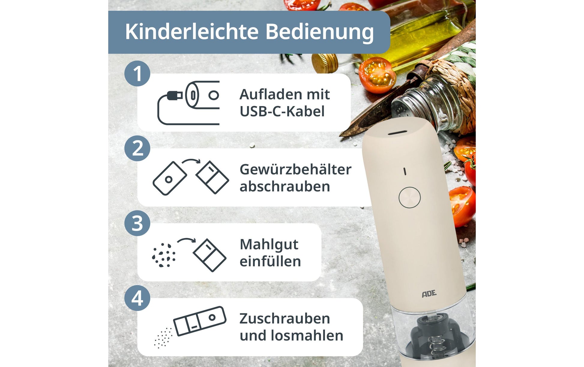 Ade Salz-/Pfeffermühle 13,9 cm, Edelstahl/Keramik, Creme, Elektrisch