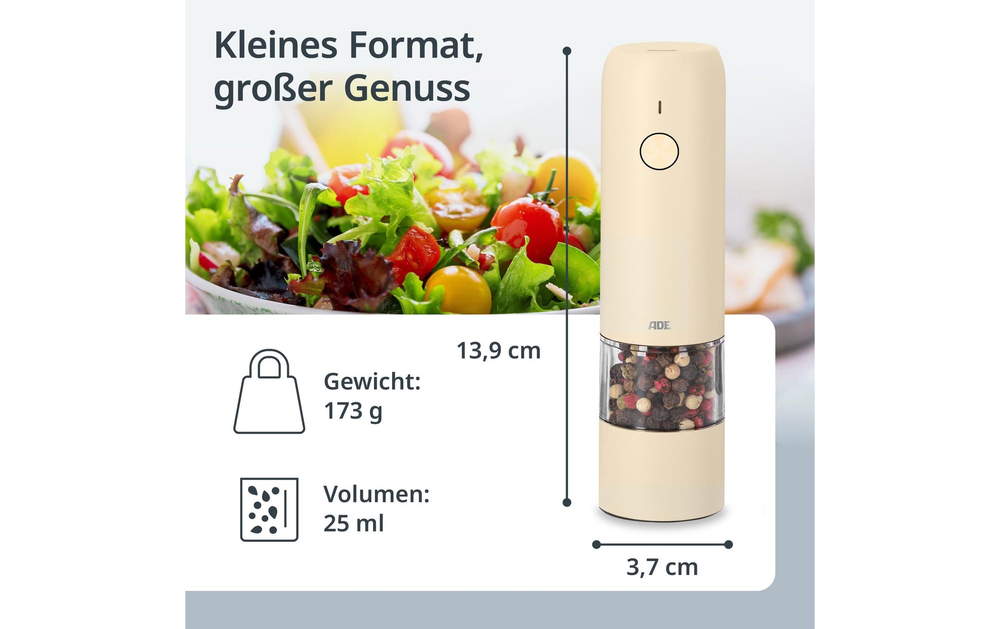 Ade Salz-/Pfeffermühle 13,9 cm, Edelstahl/Keramik, Creme, Elektrisch