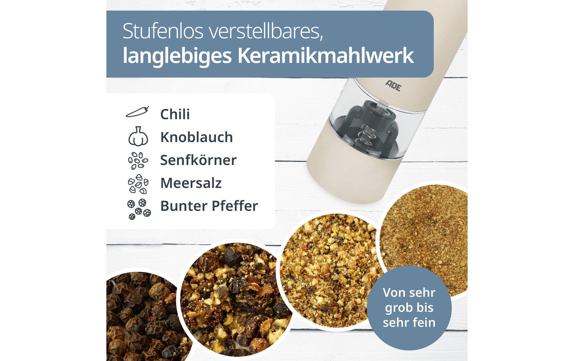 Ade Salz-/Pfeffermühle 13,9 cm, Edelstahl/Keramik, Creme, Elektrisch