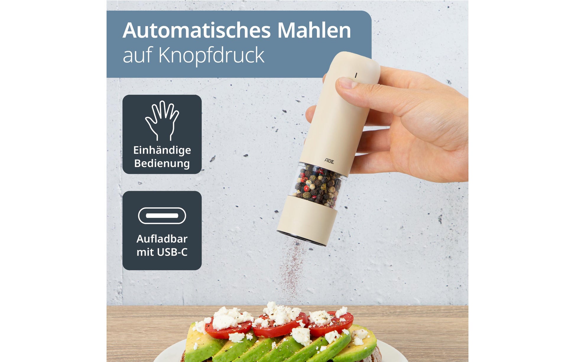Ade Salz-/Pfeffermühle 13,9 cm, Edelstahl/Keramik, Creme, Elektrisch