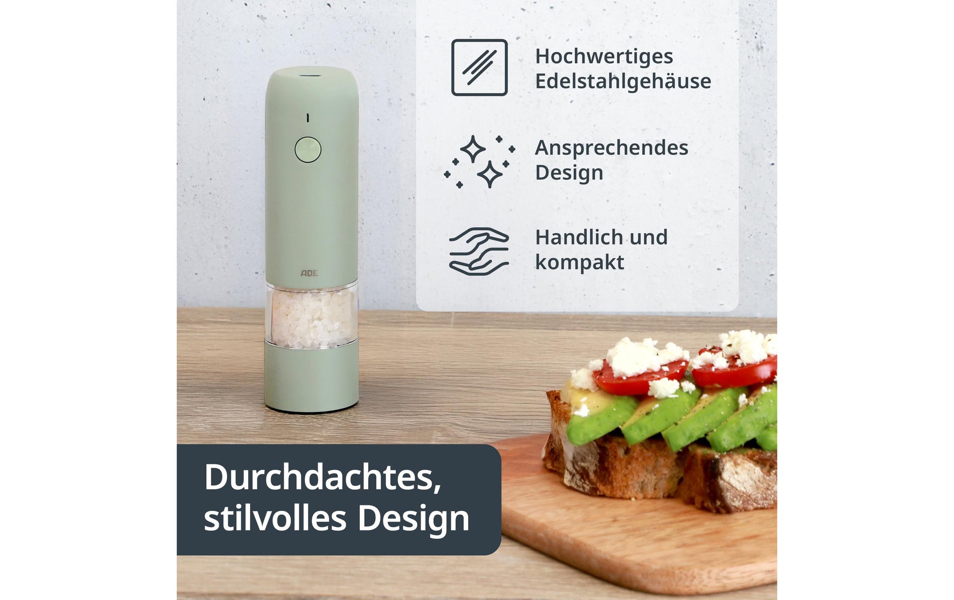 Ade Salz-/Pfeffermühle 13,9 cm, Edelstahl/Keramik, Salbeigrün