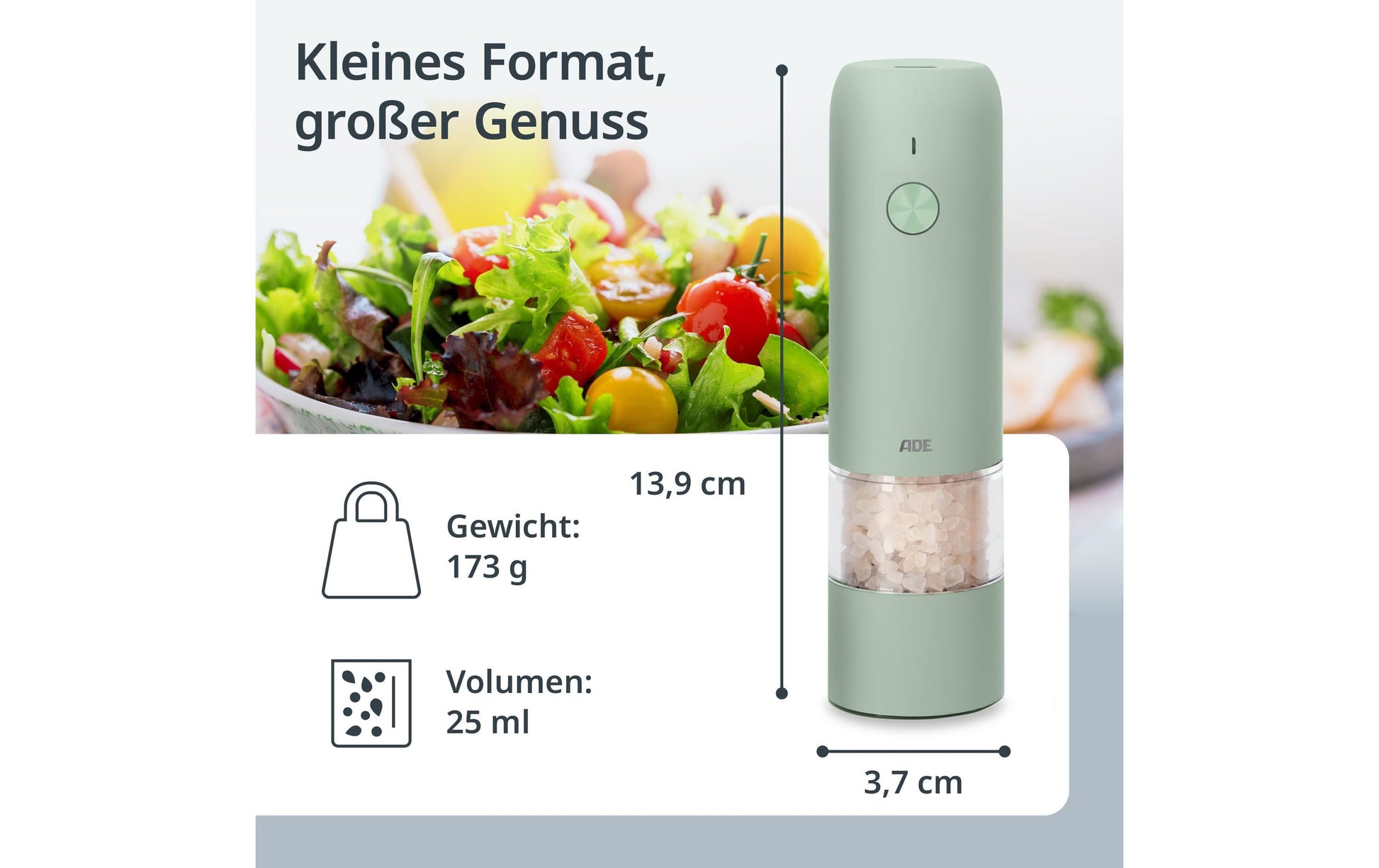 Ade Salz-/Pfeffermühle 13,9 cm, Edelstahl/Keramik, Salbeigrün