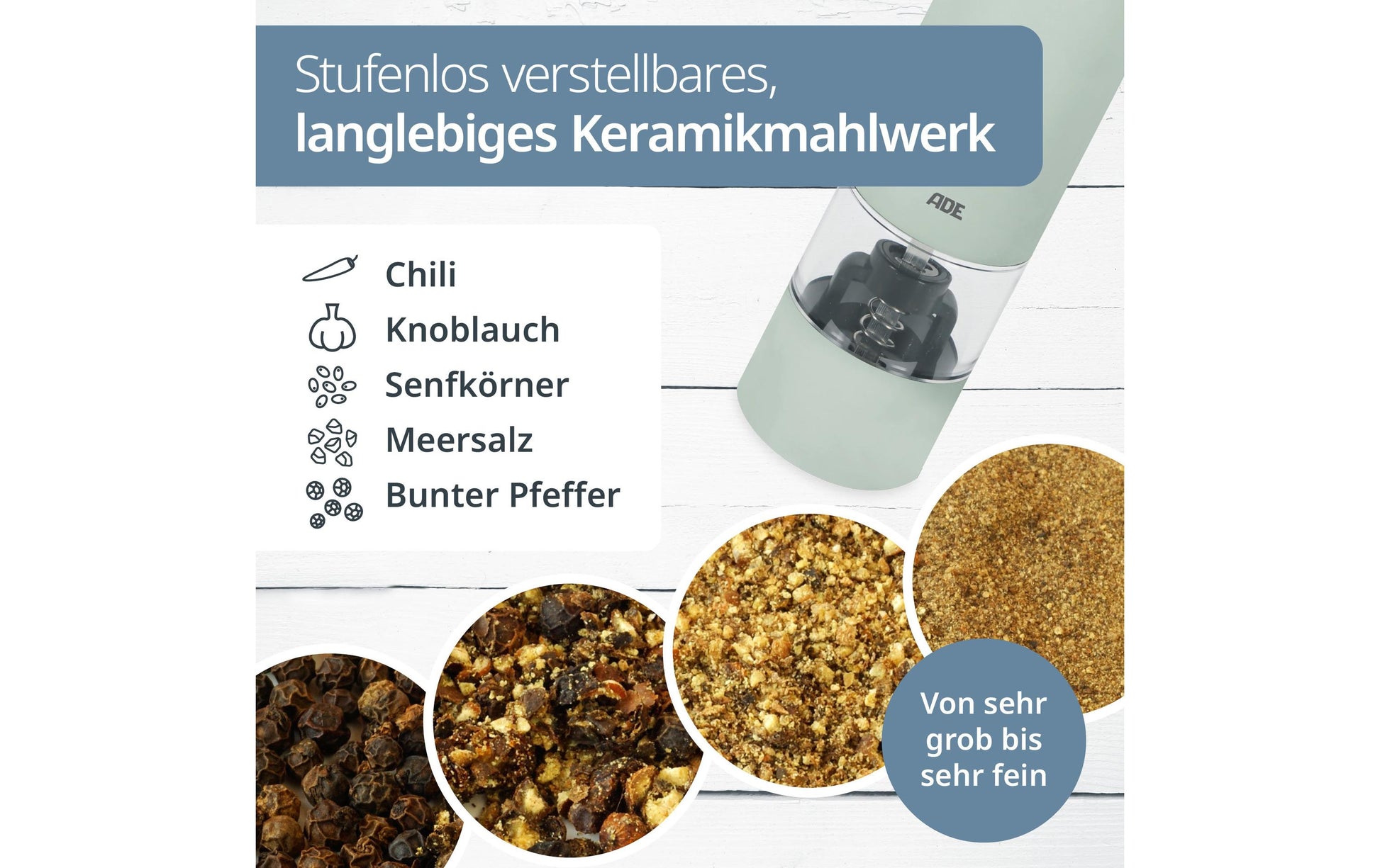 Ade Salz-/Pfeffermühle 13,9 cm, Edelstahl/Keramik, Salbeigrün